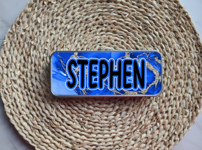 Blue & Silver Personalized Tin Pencil Case