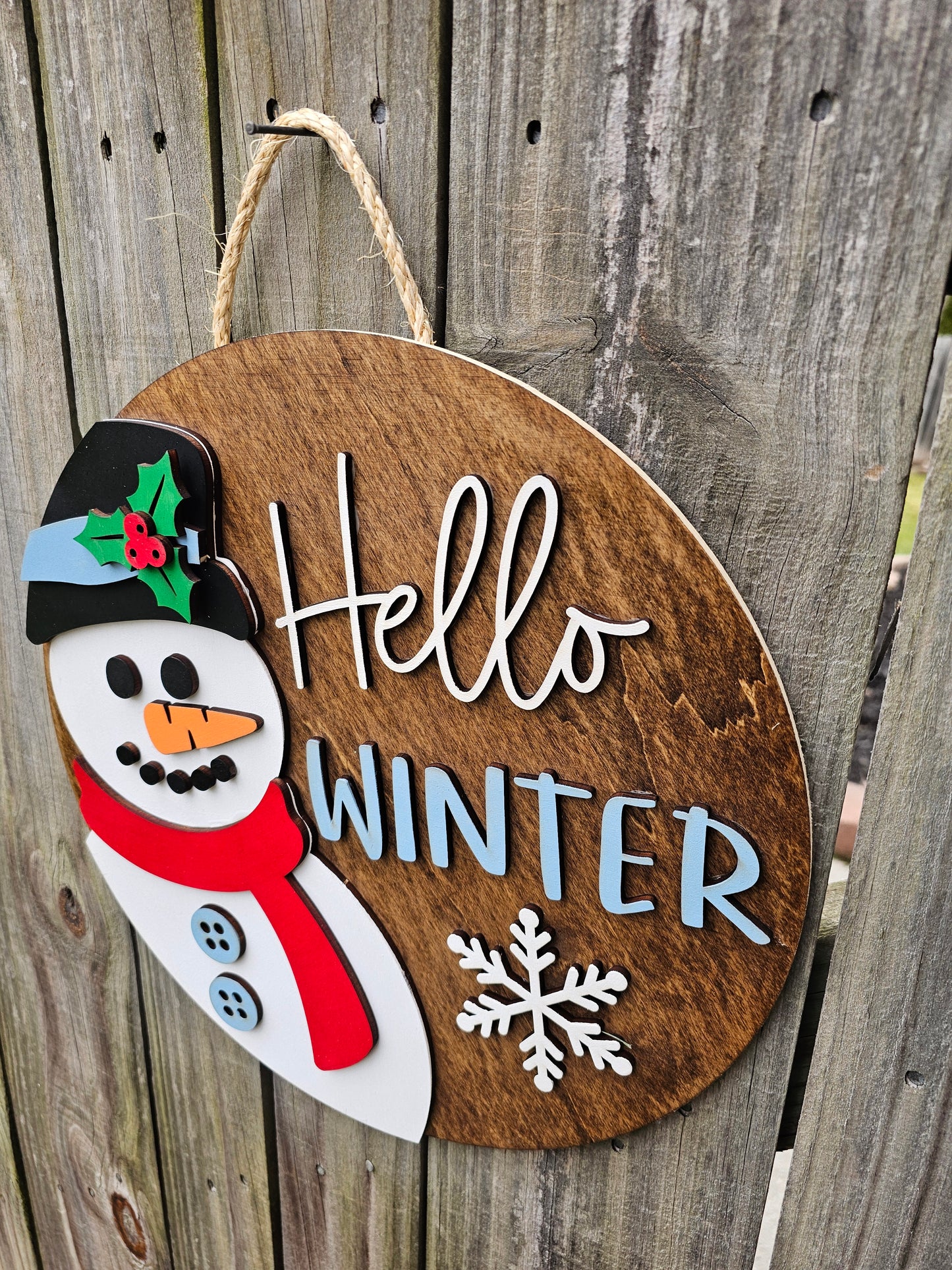 Hello Winter Snowman Wood Door Sign