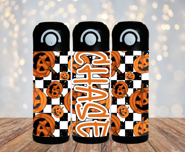 Pumpkin Checks Flip Top Water Bottle - Personalized