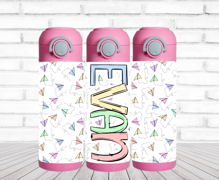 Paper Airplanes - 12 oz Flip Top Water Bottle with Straw