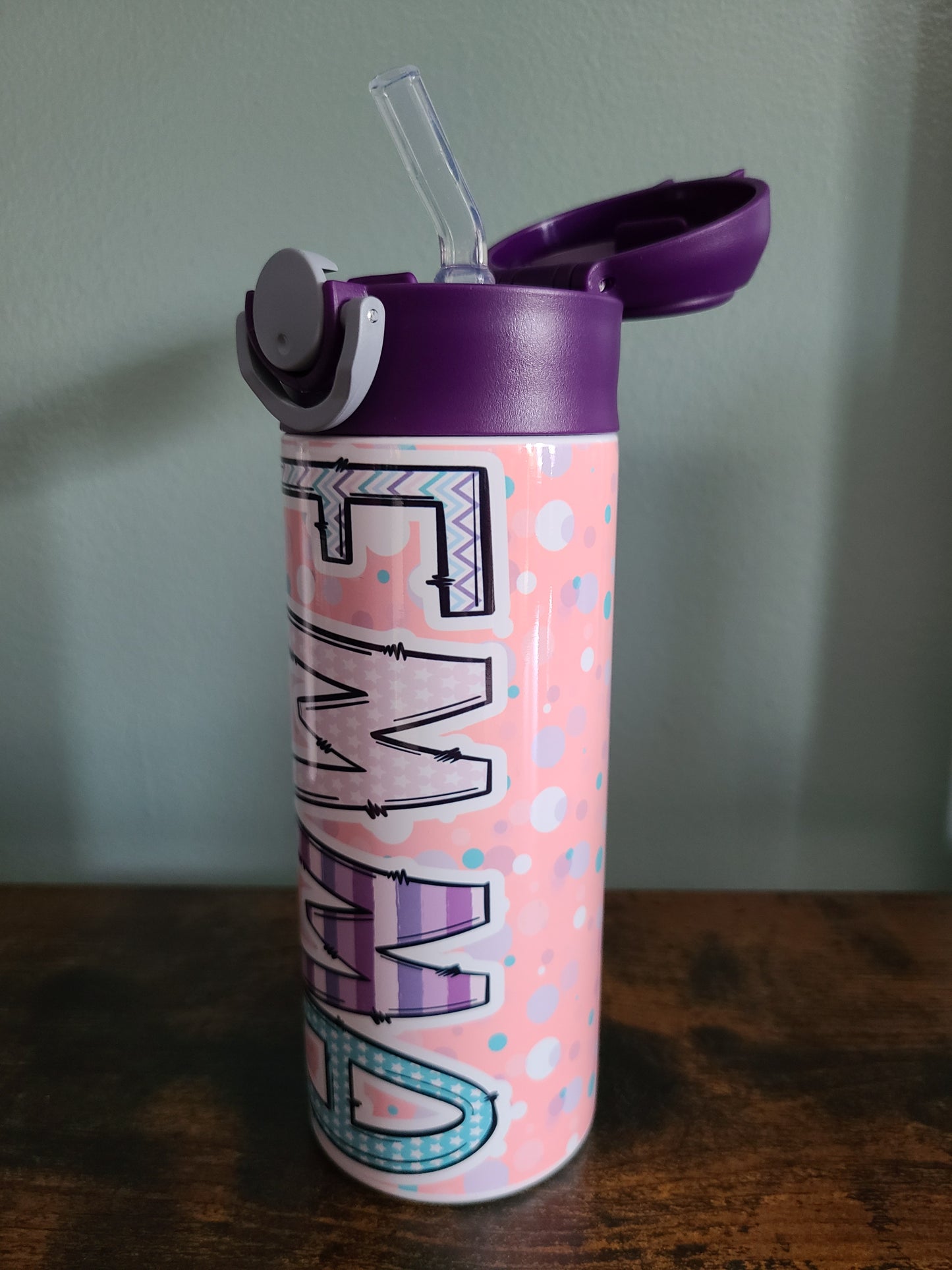 Personalized Pink Splash Water Bottle - 12 oz Flip Top Water Bottle with Straw