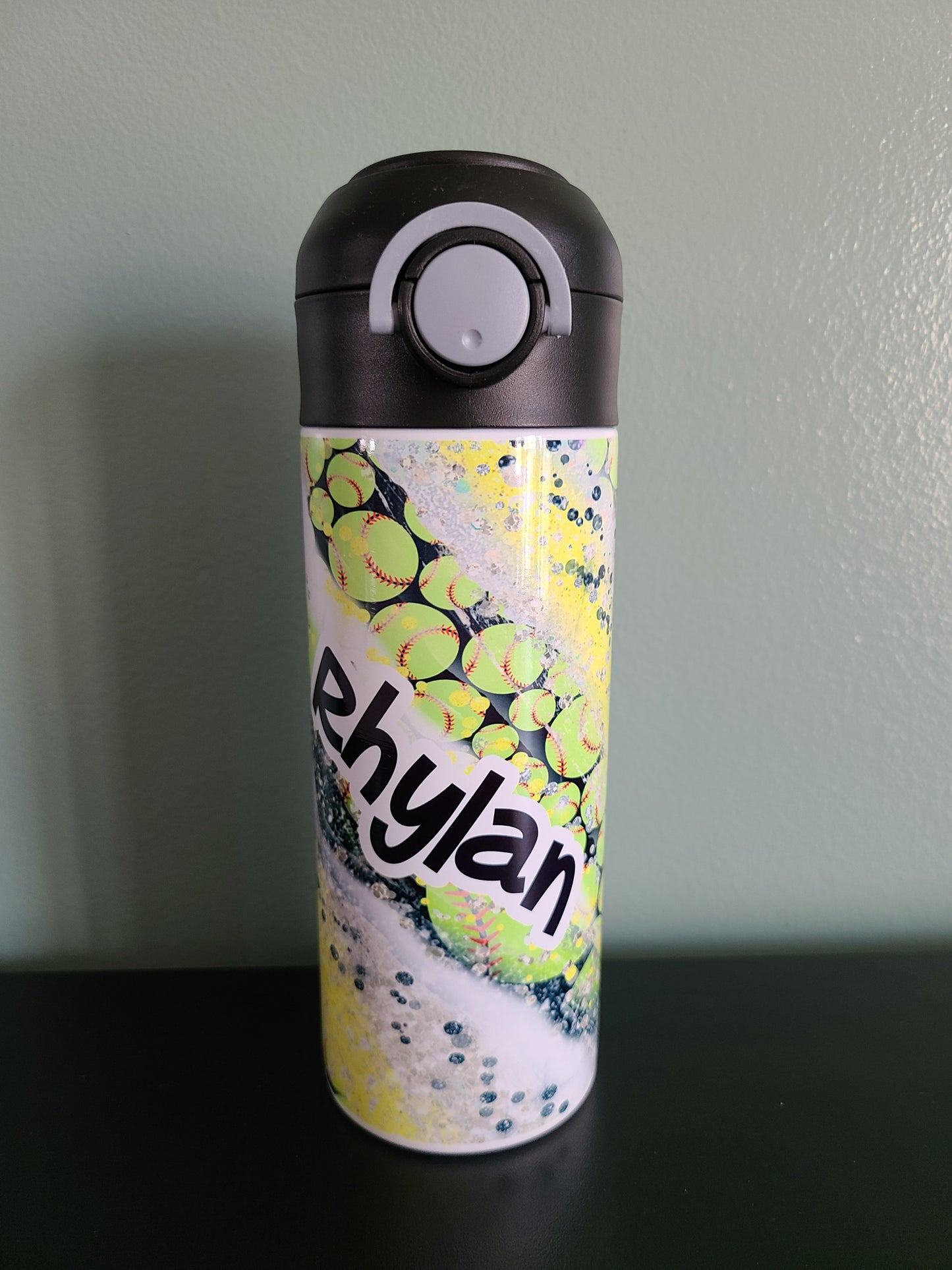 Personalized Softball Swirl Water Bottle - 12 oz Flip Top Water Bottle with Straw