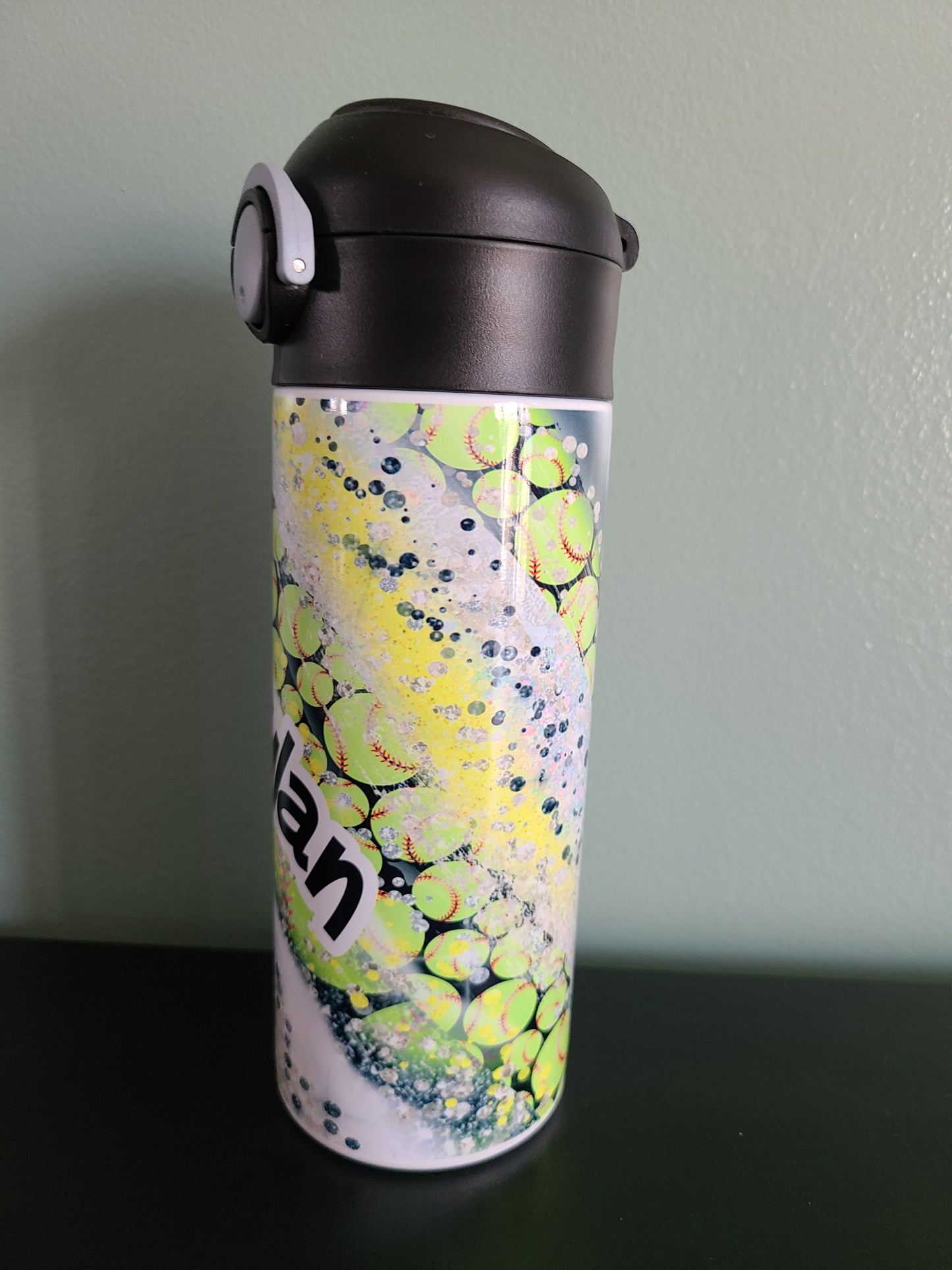 Personalized Softball Swirl Water Bottle - 12 oz Flip Top Water Bottle with Straw