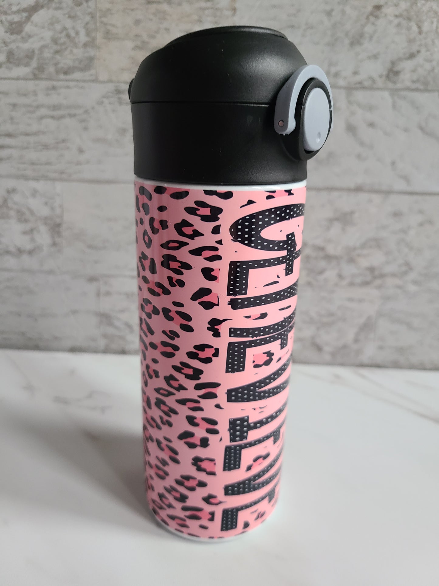 Personalized Pink Cheetah Water Bottle - 12 oz Flip Top Water Bottle with Straw