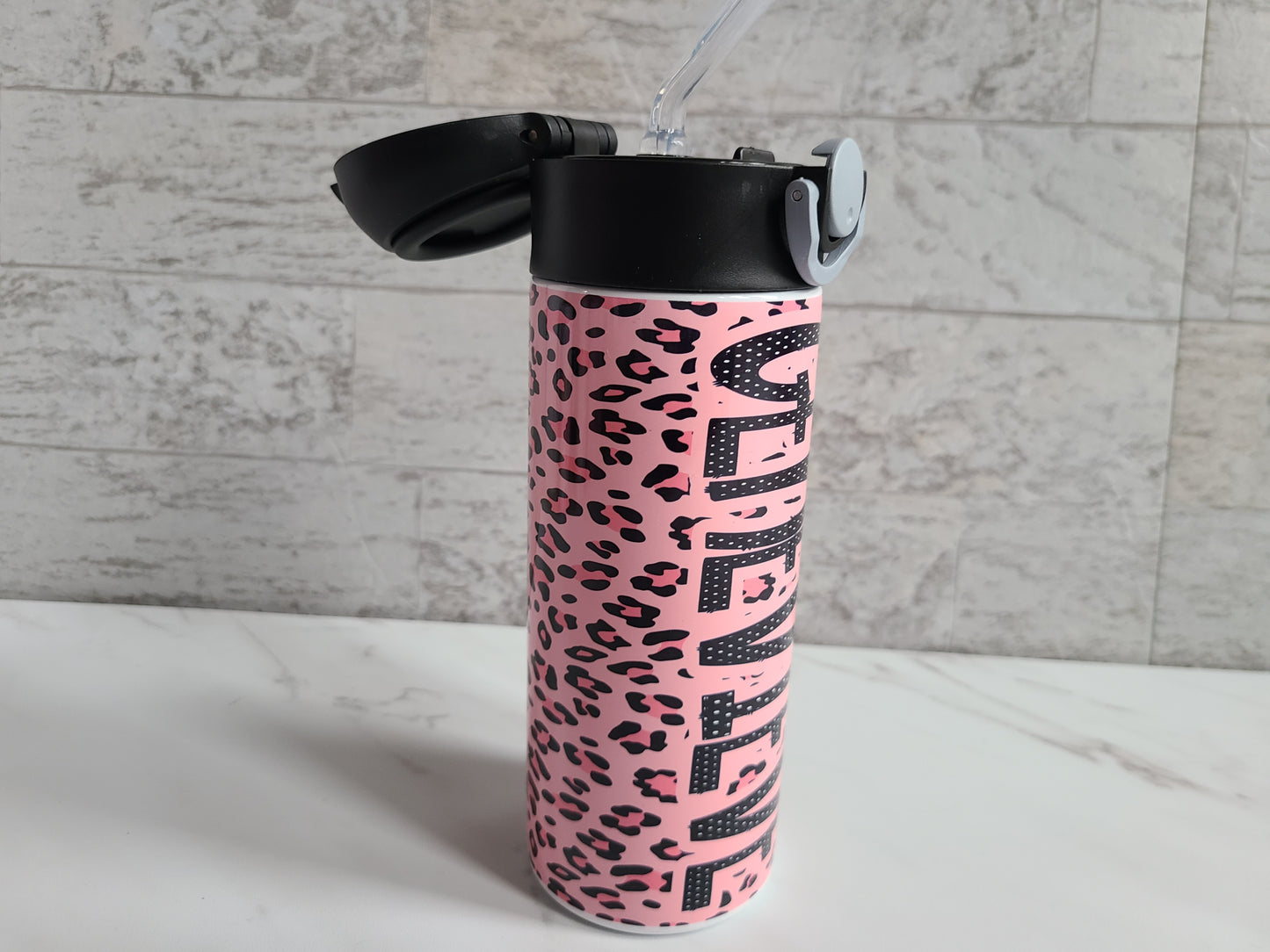 Personalized Pink Cheetah Water Bottle - 12 oz Flip Top Water Bottle with Straw