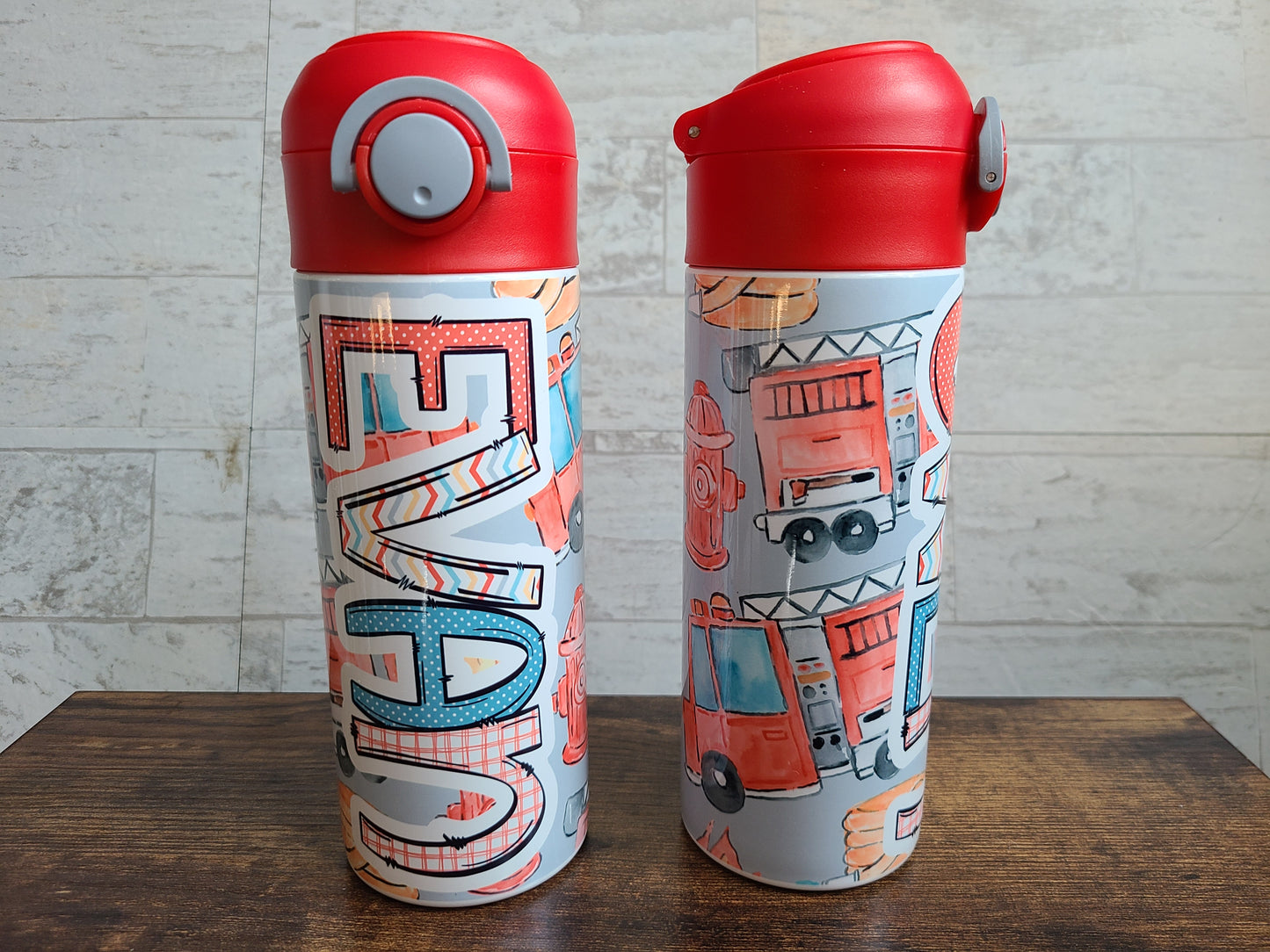 Personalized Fire Trucks Water Bottle - 12 oz Flip Top Water Bottle with Straw