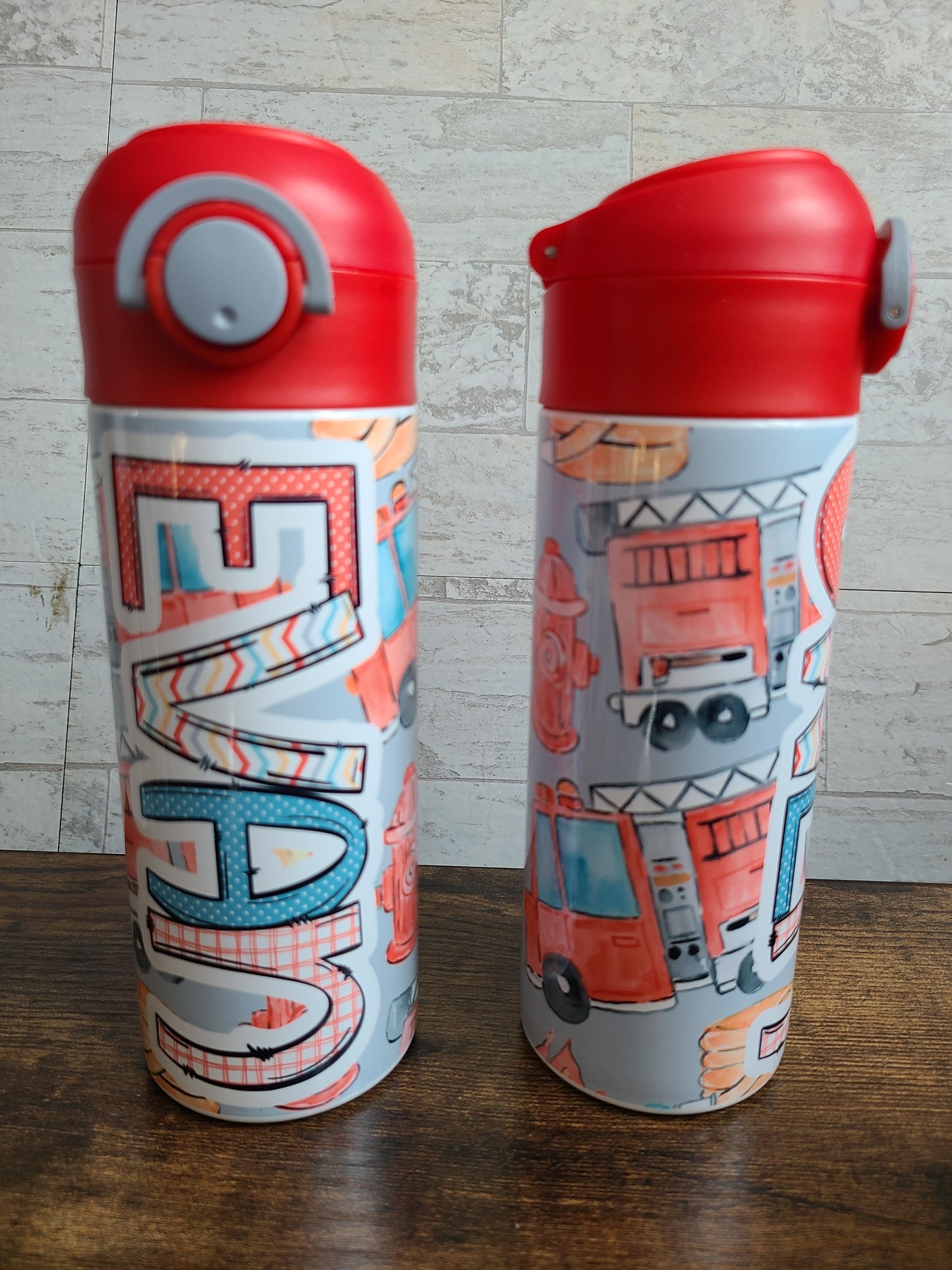 Personalized Fire Trucks Water Bottle - 12 oz Flip Top Water Bottle with Straw