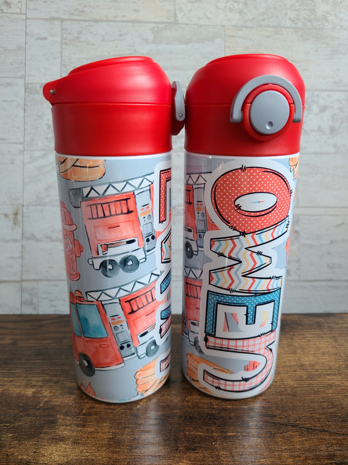 Personalized Fire Trucks Water Bottle - 12 oz Flip Top Water Bottle with Straw