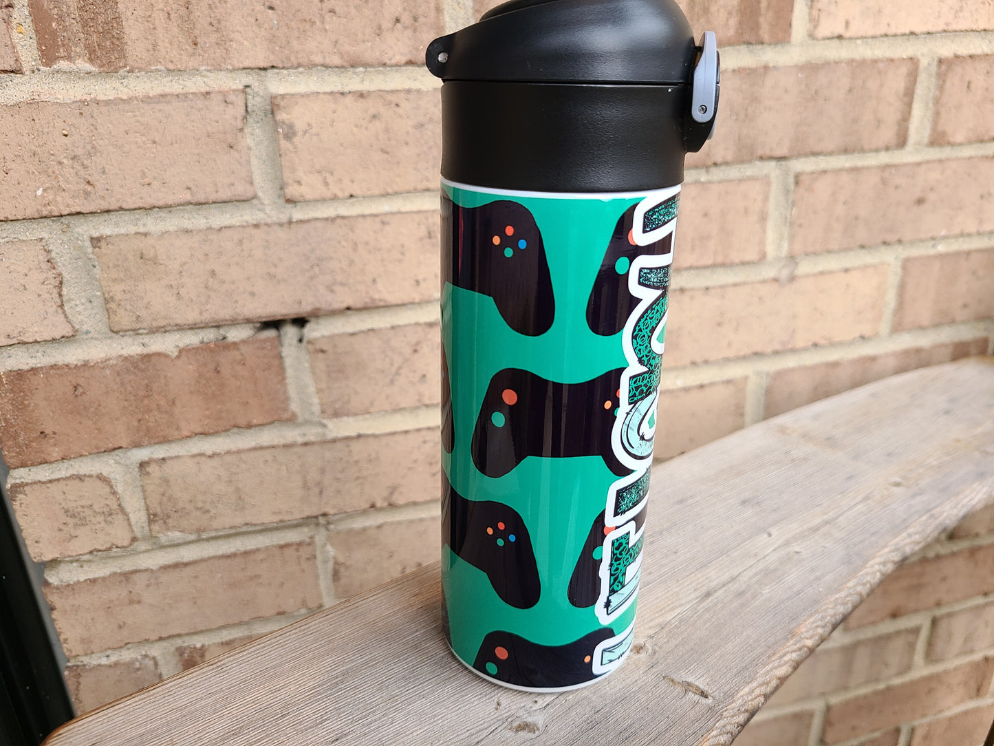 Personalized Green Gamer Water Bottle - 12 oz Flip Top Water Bottle with Straw