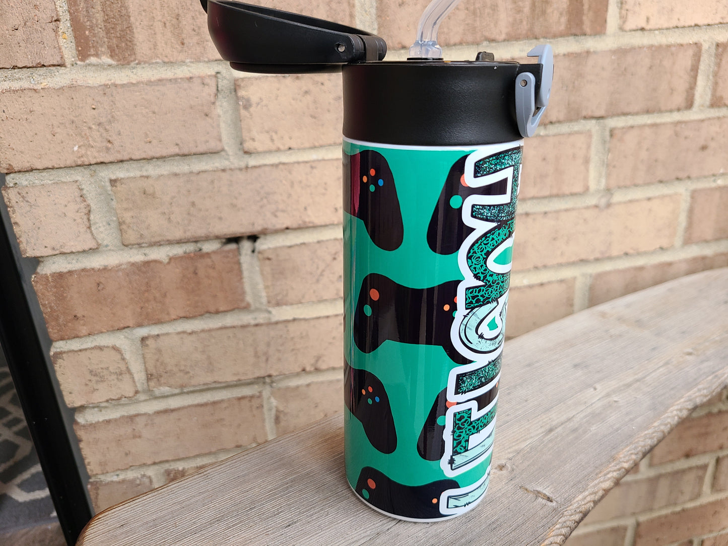 Personalized Green Gamer Water Bottle - 12 oz Flip Top Water Bottle with Straw