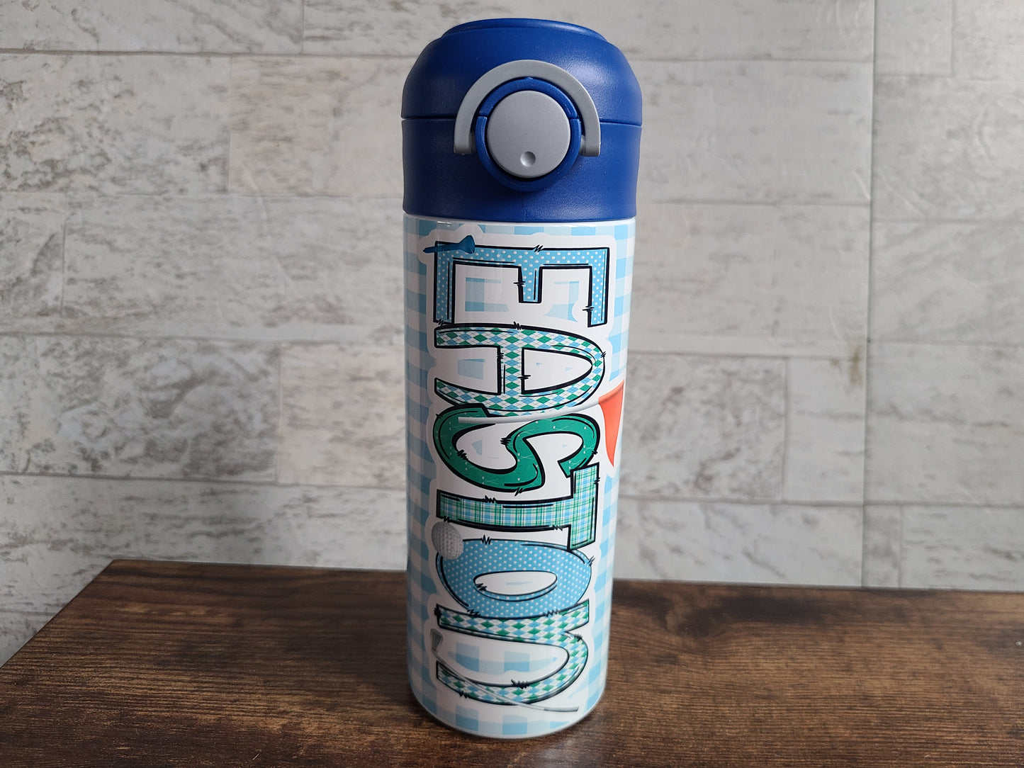 Personalized Blue Gingham Water Bottle - 12 oz Flip Top Water Bottle with Straw