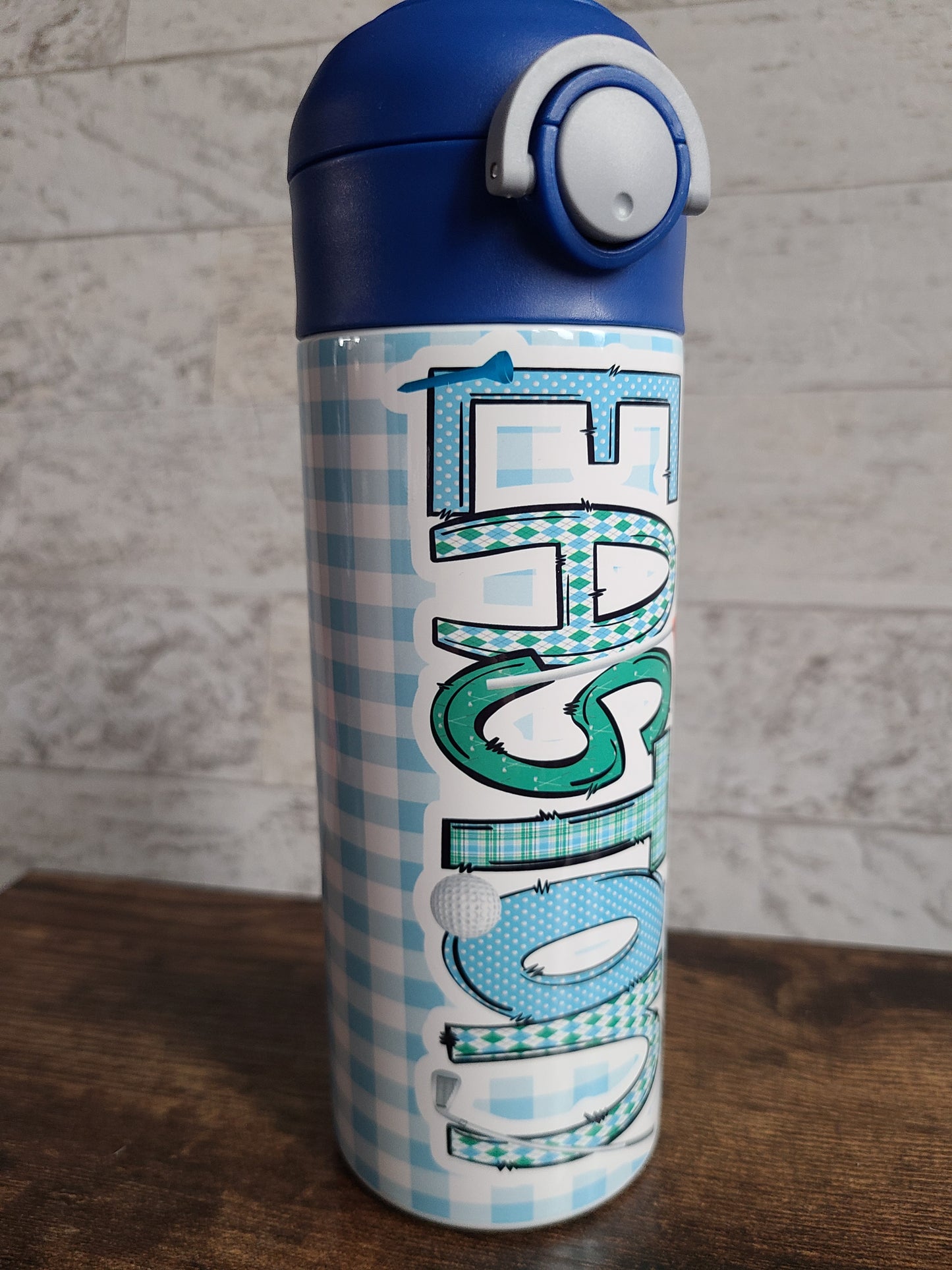 Personalized Blue Gingham Water Bottle - 12 oz Flip Top Water Bottle with Straw
