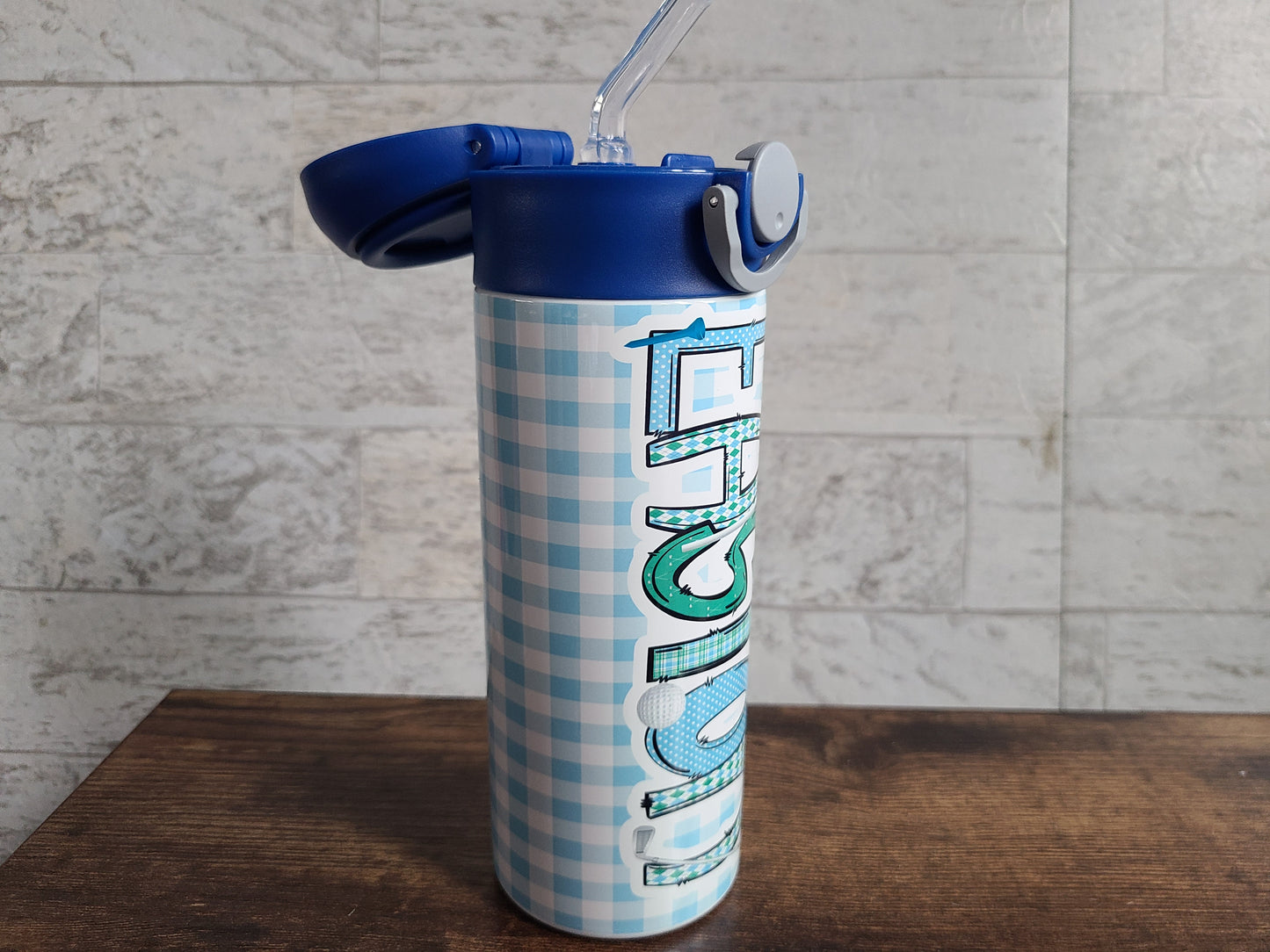 Personalized Blue Gingham Water Bottle - 12 oz Flip Top Water Bottle with Straw