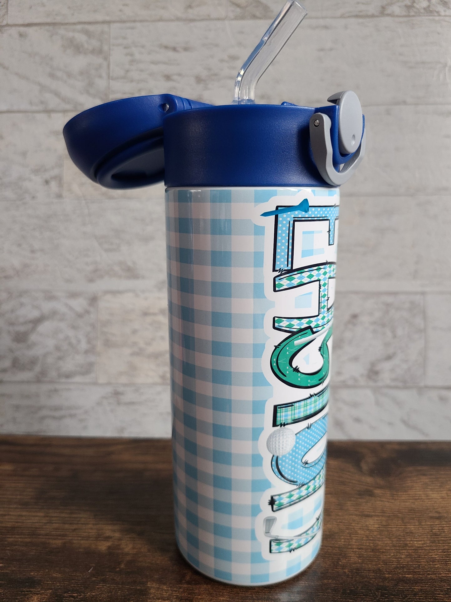 Personalized Blue Gingham Water Bottle - 12 oz Flip Top Water Bottle with Straw