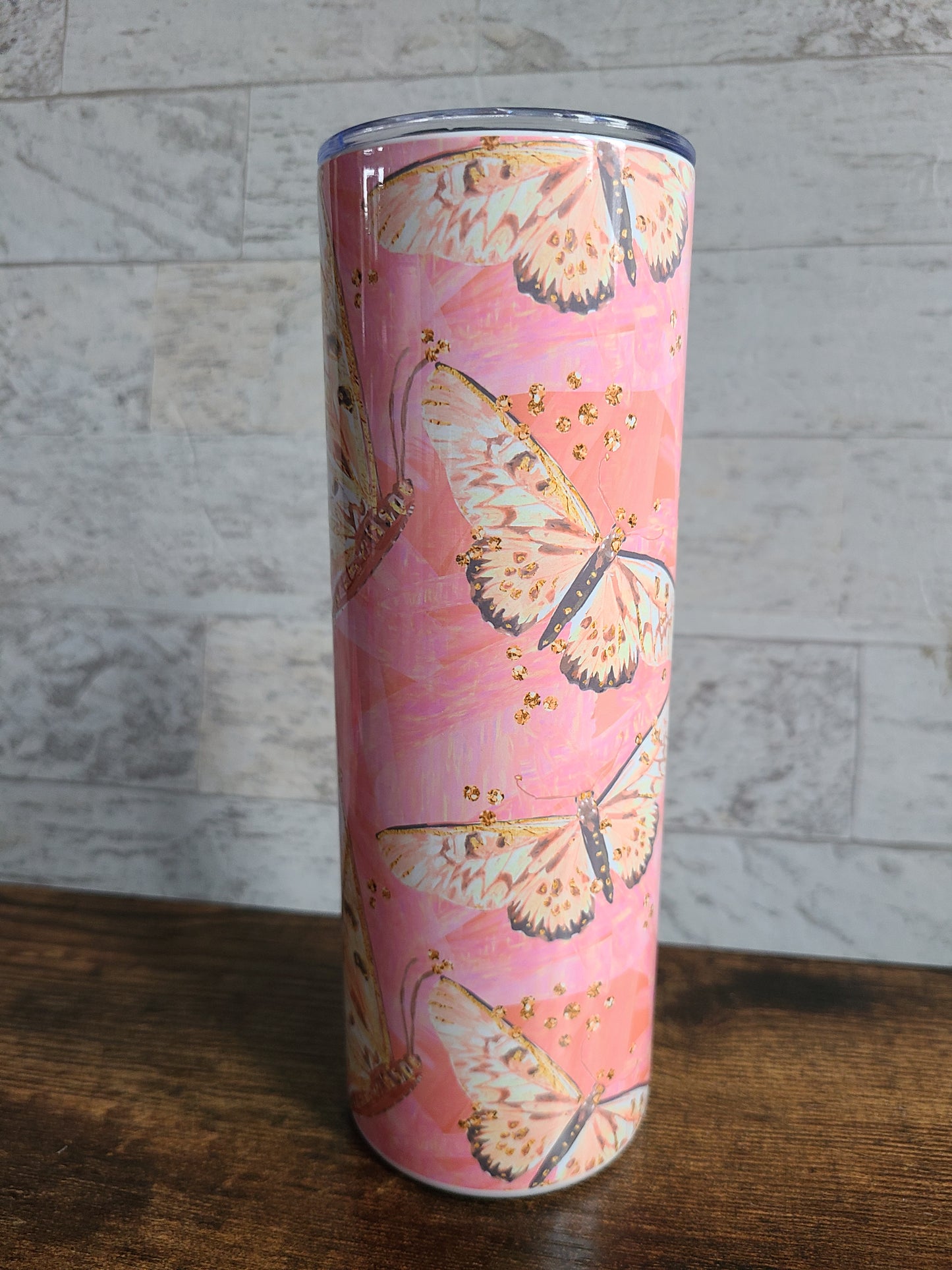 Pink and Gold Butterfly Skinny Tumbler