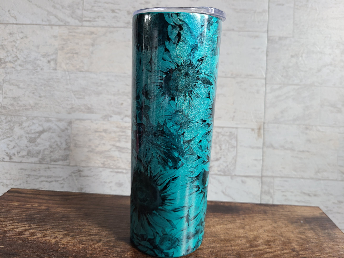 Teal Glitter Flower Skinny Tumbler