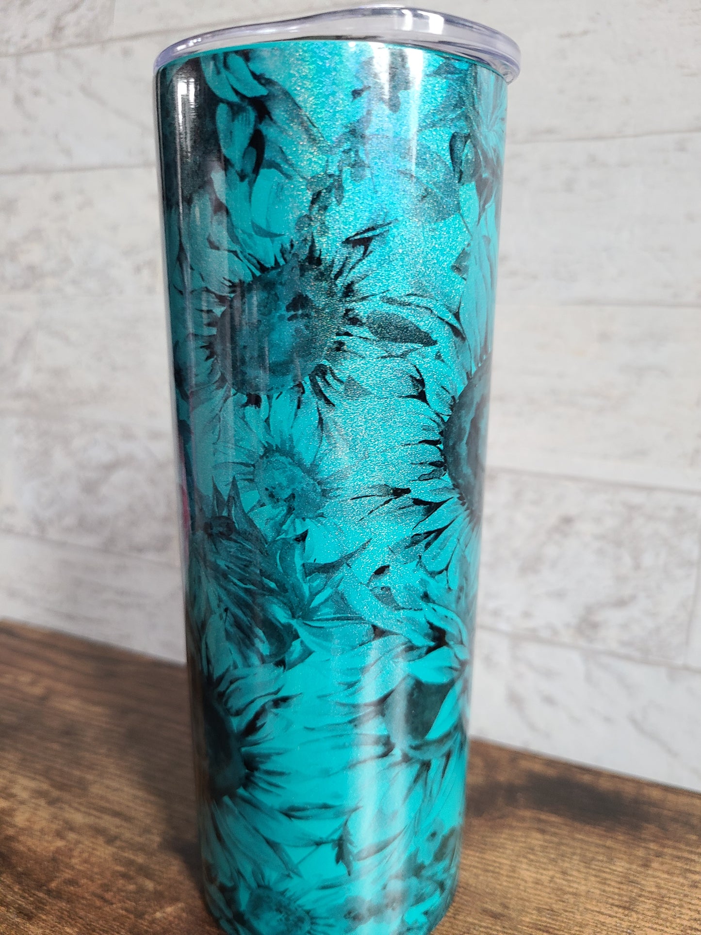 Teal Glitter Flower Skinny Tumbler