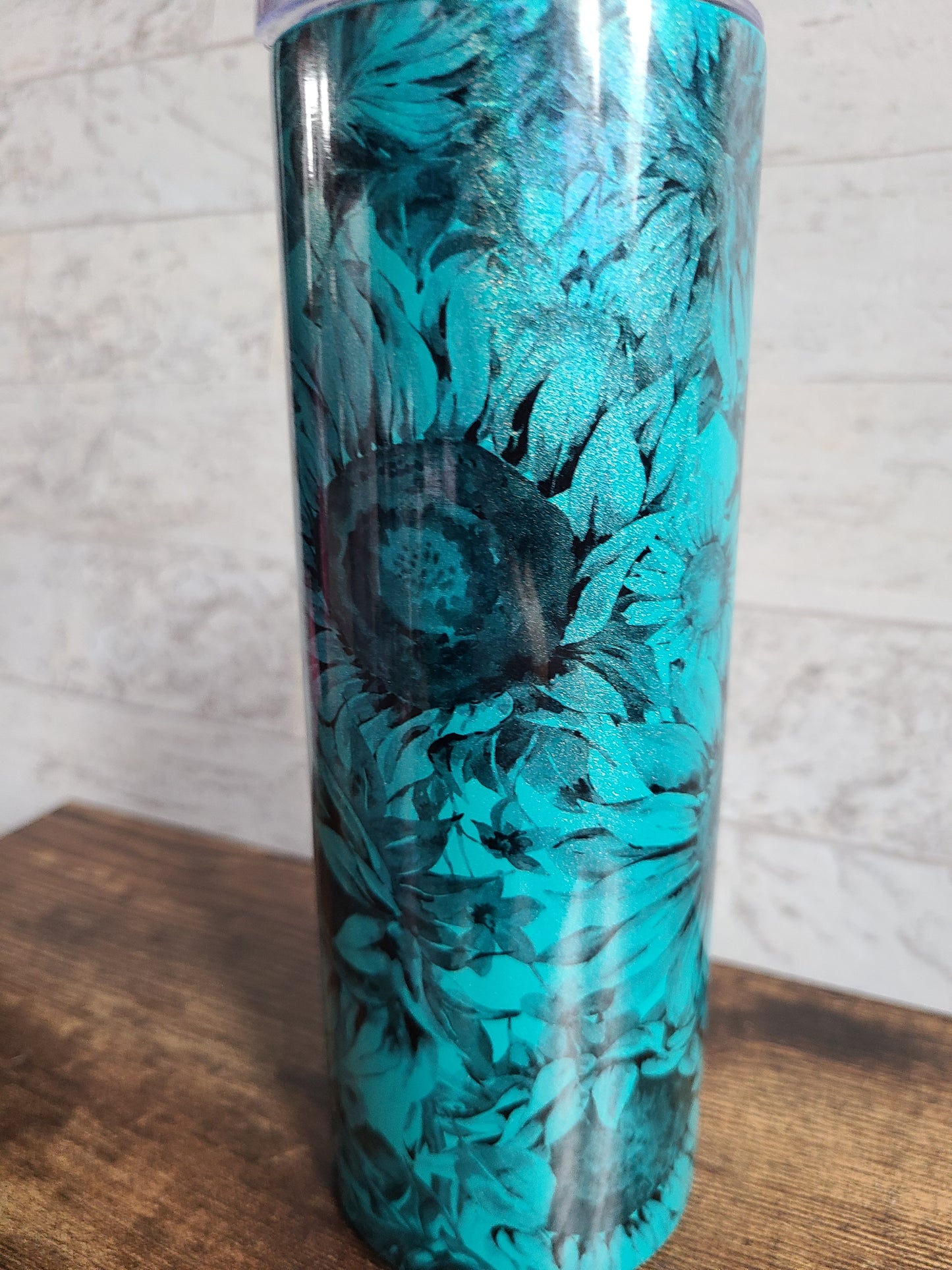 Teal Glitter Flower Skinny Tumbler