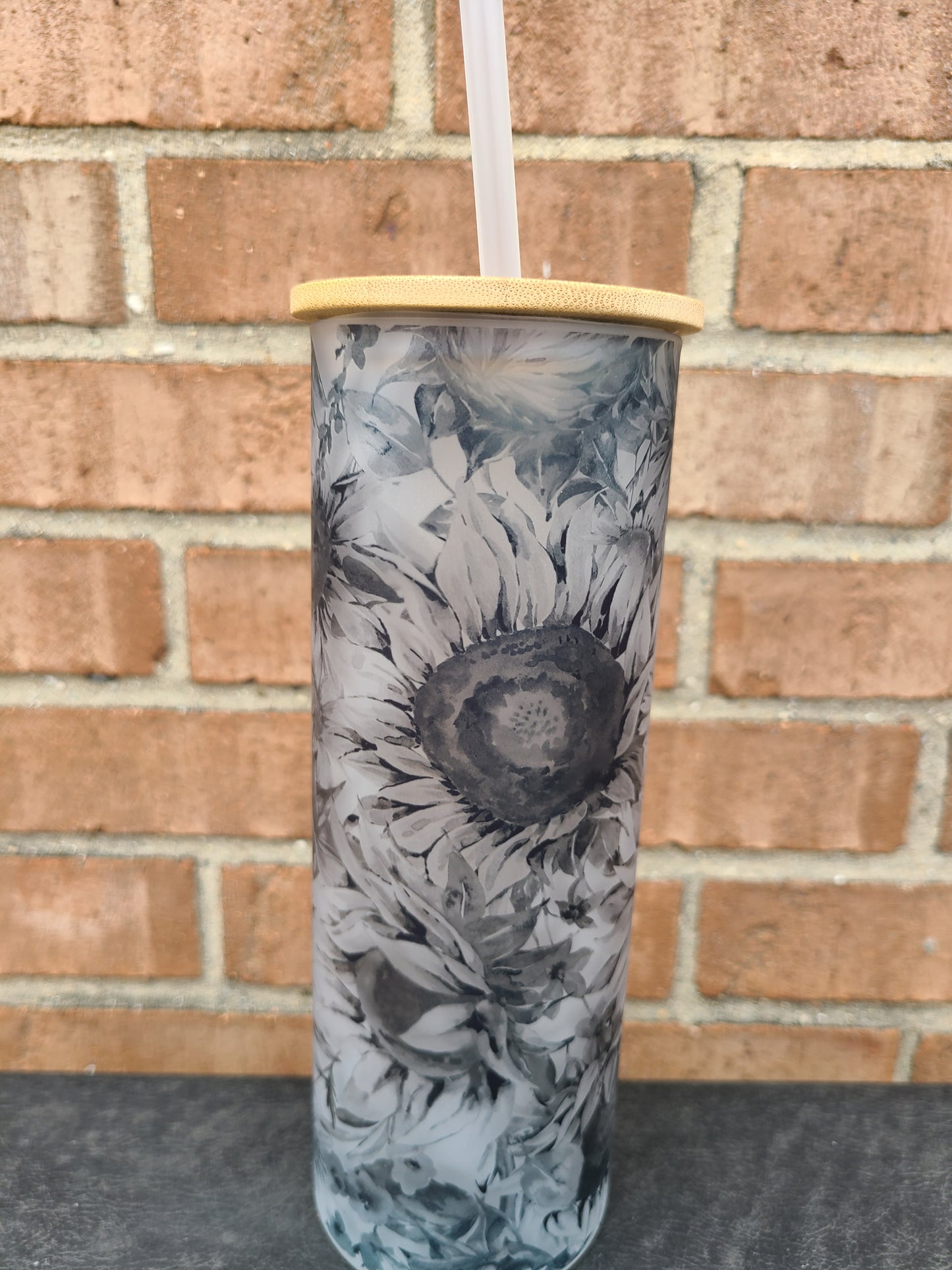 Frosted Glass Black and Gray Floral Tumbler