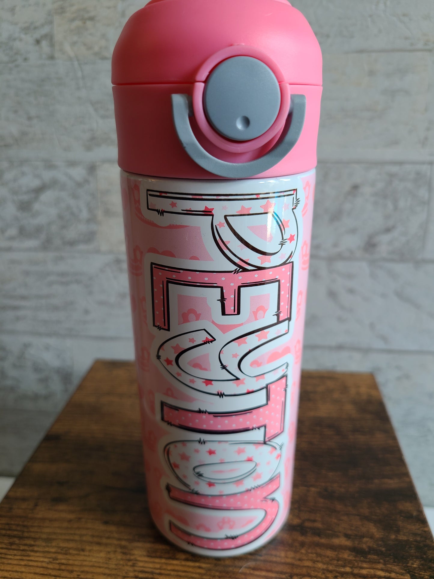 Personalized Pink Crowns and Hearts Water Bottle - 12 oz Flip Top Water Bottle with Straw