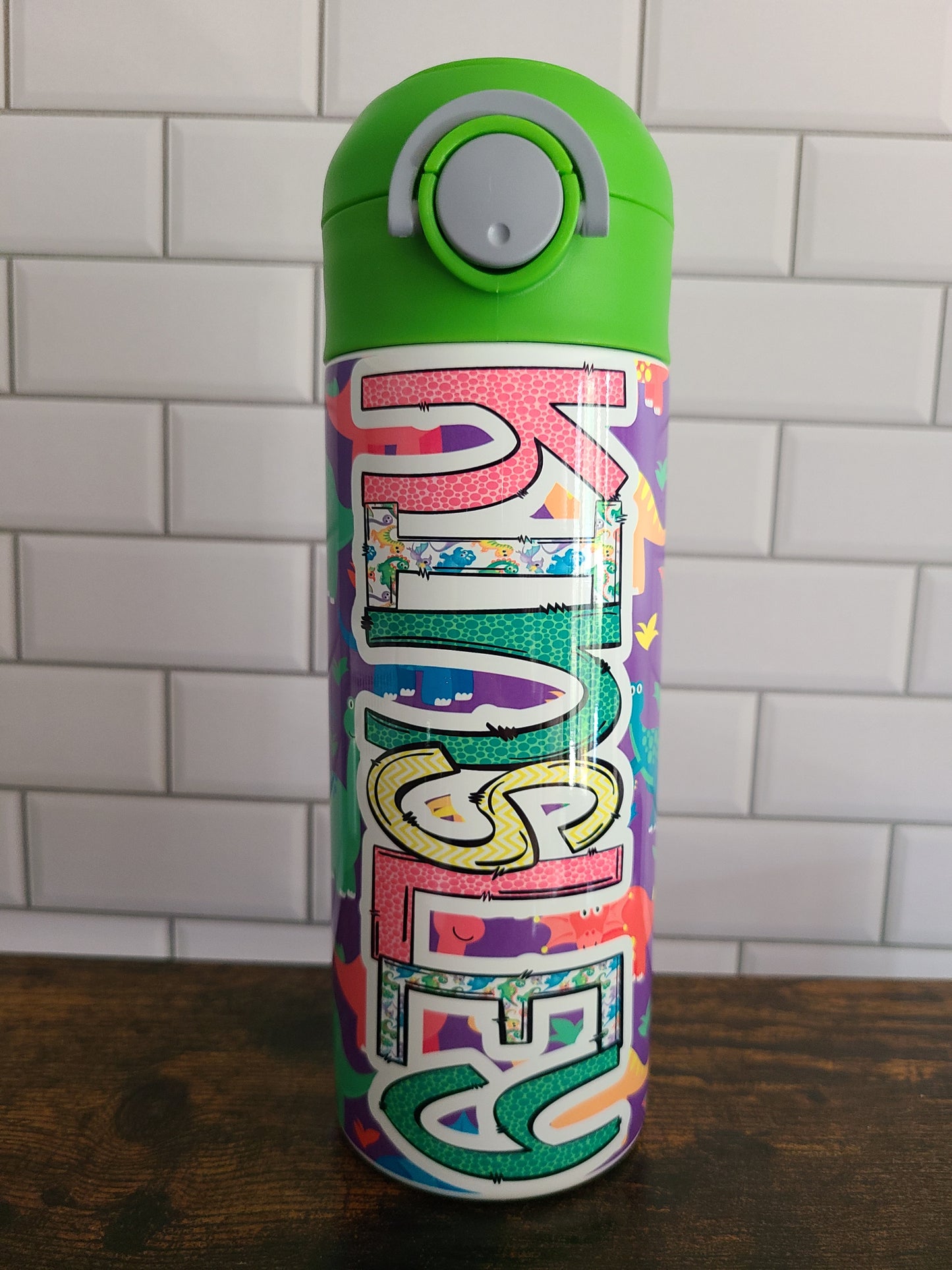 Purple Dinosaur Flip Top Water Bottle - Personalized