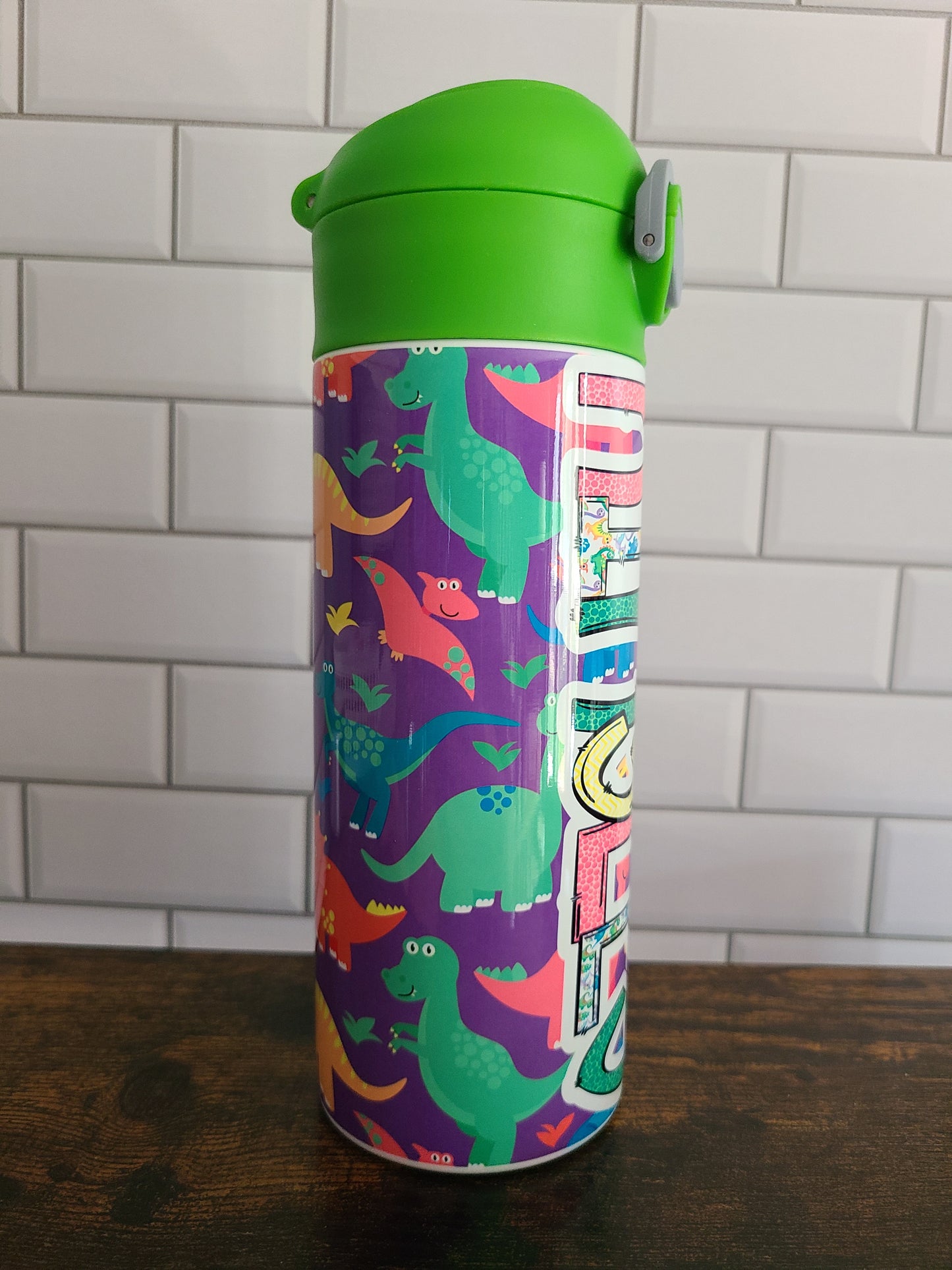Purple Dinosaur Flip Top Water Bottle - Personalized