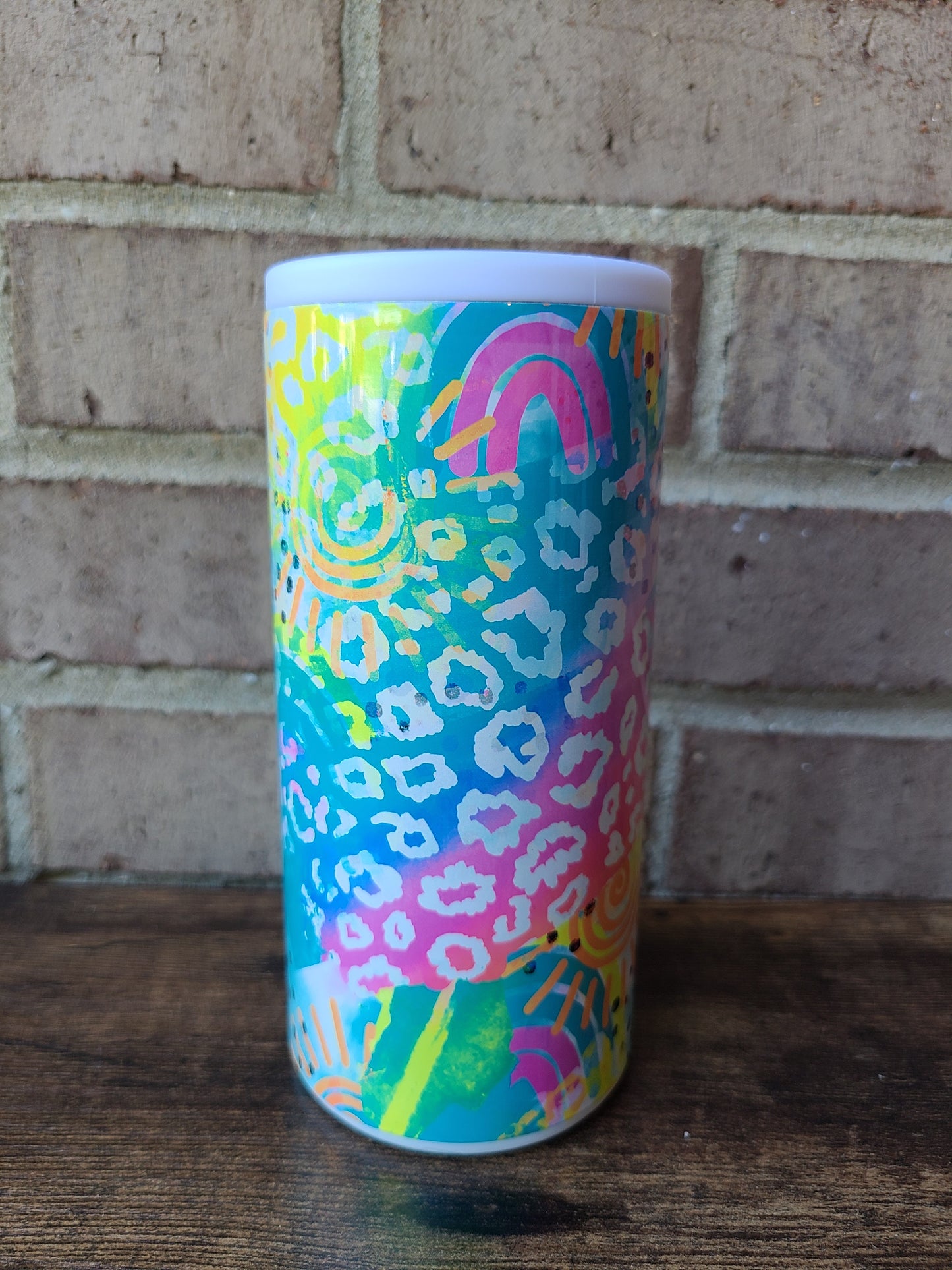 Neon Leopard Print and Rainbows Skinny Can Cooler