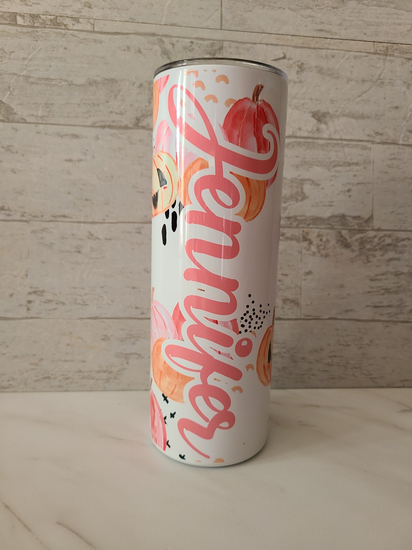 Pink and Orange Pumpkins Personalized Skinny Tumbler