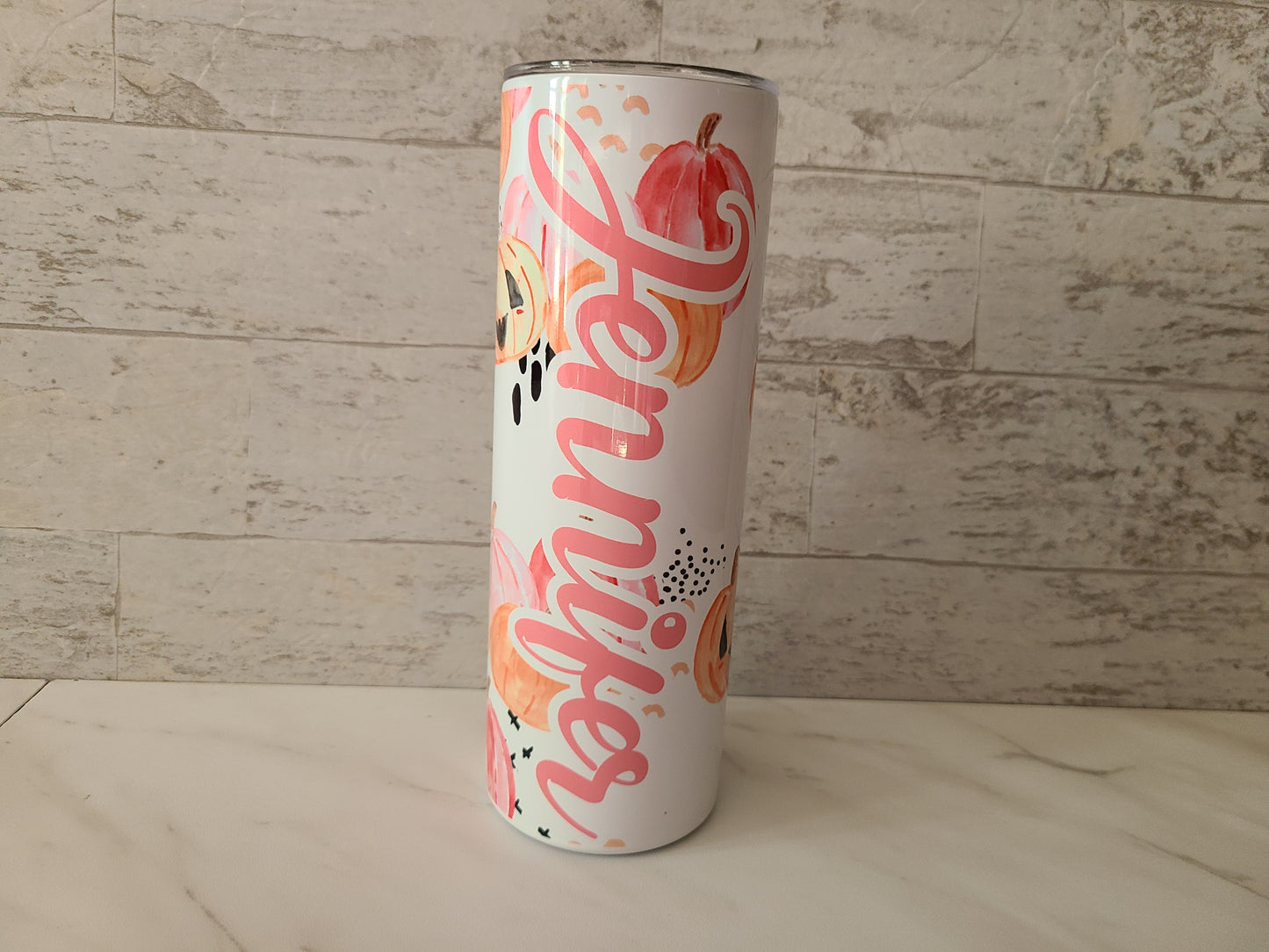 Pink and Orange Pumpkins Personalized Skinny Tumbler