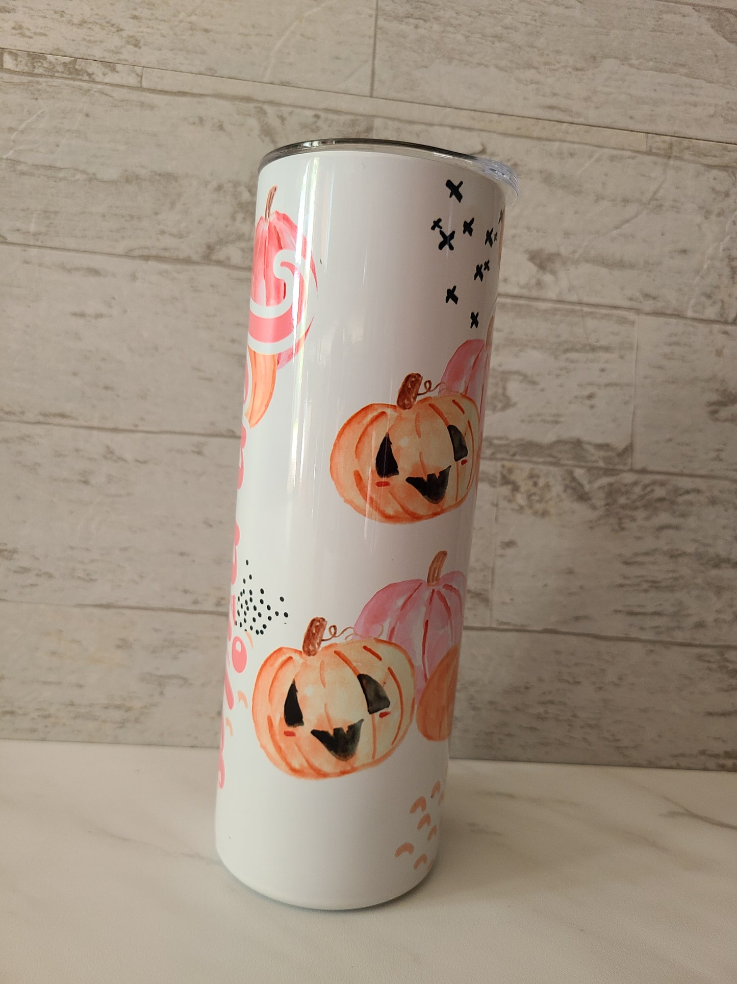 Pink and Orange Pumpkins Personalized Skinny Tumbler