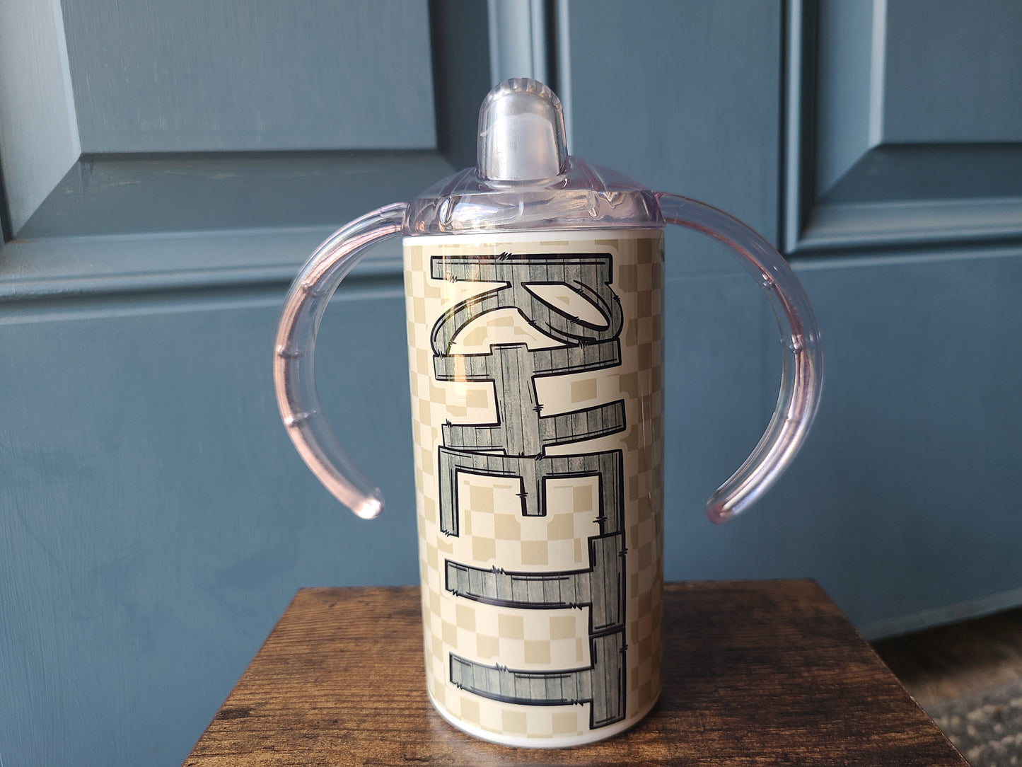 Neutral Checks Water Bottle OR Sippy Cup - Personalized