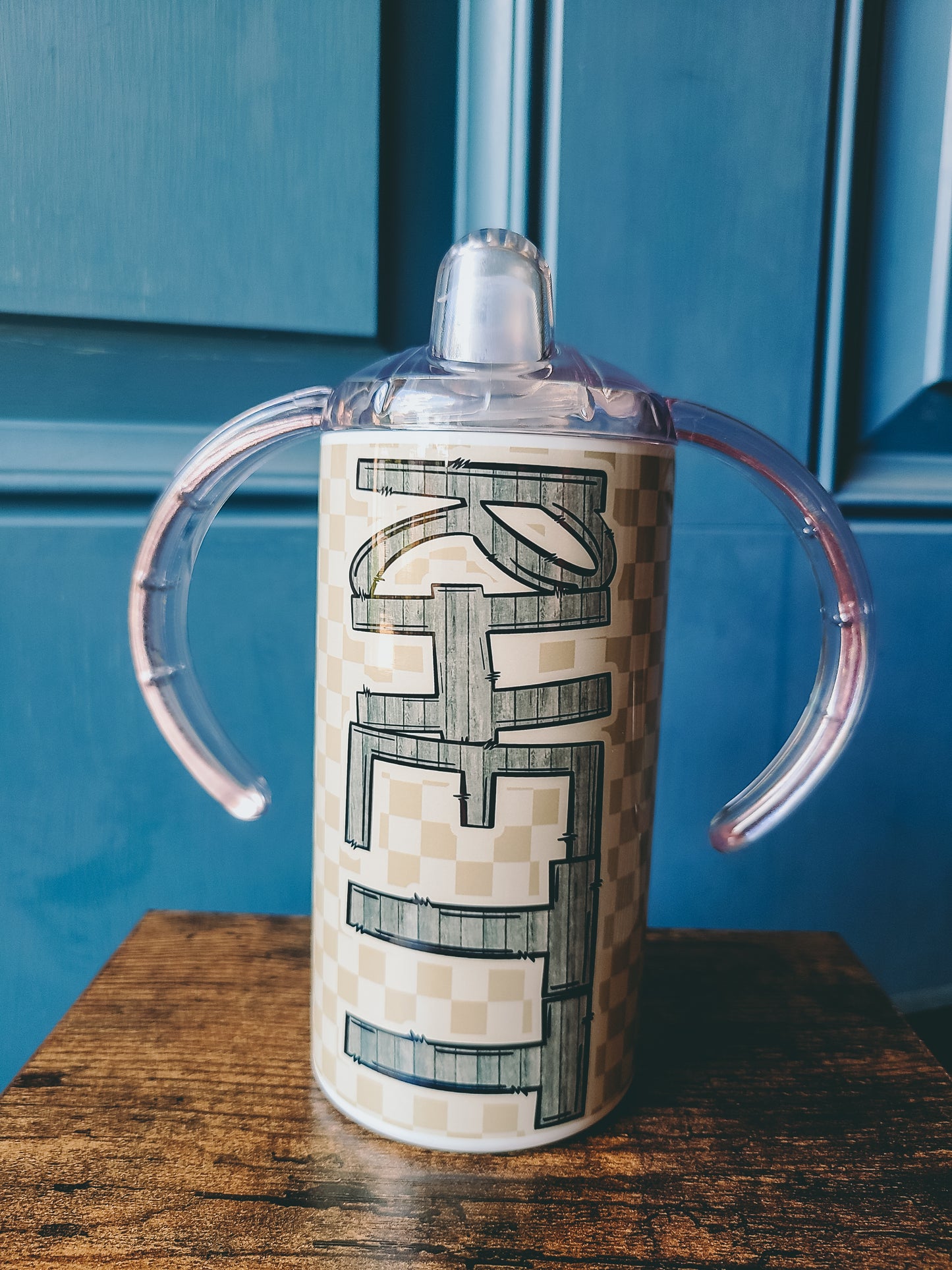 Neutral Checks Water Bottle OR Sippy Cup - Personalized
