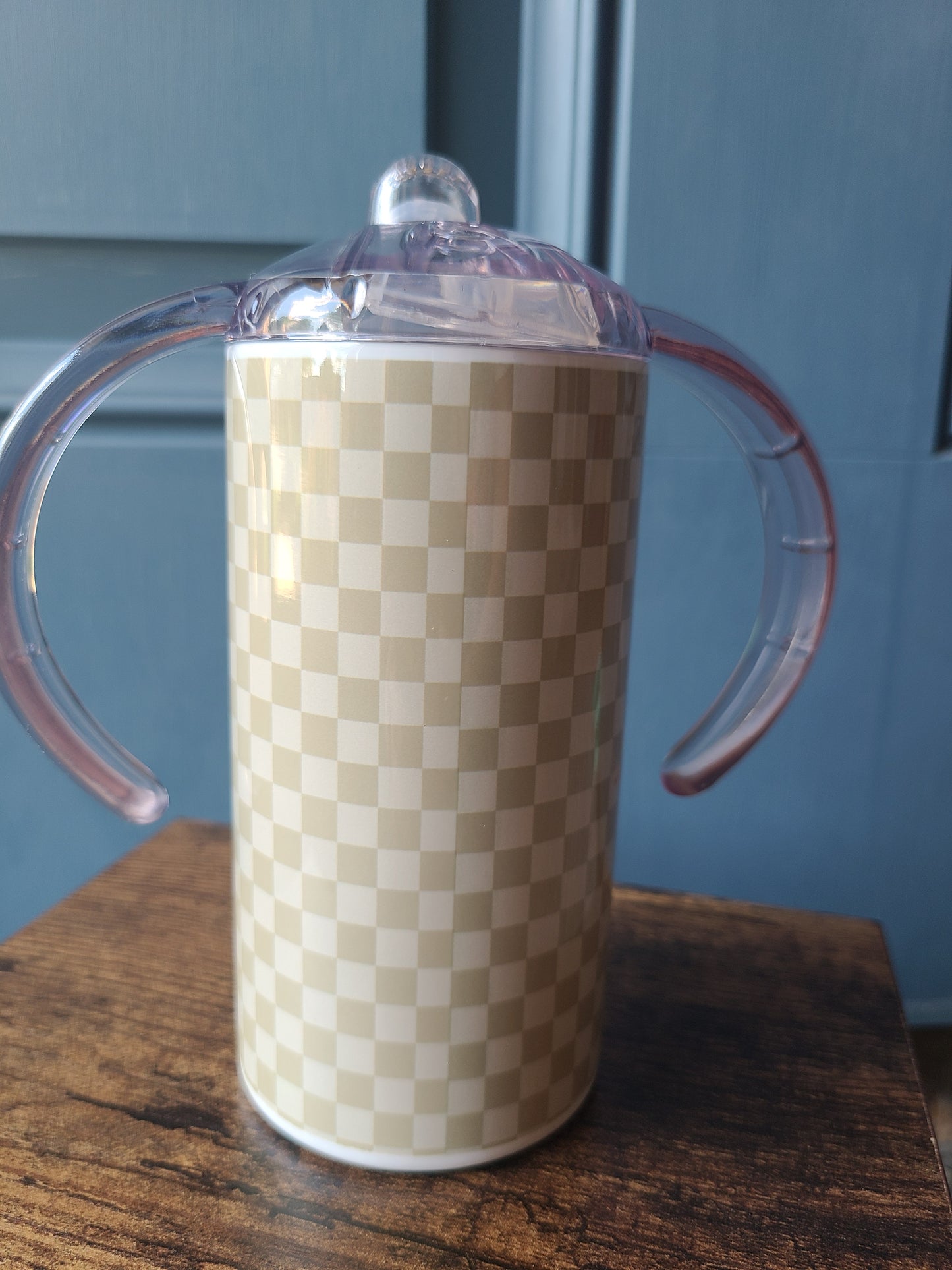 Neutral Checks Water Bottle OR Sippy Cup - Personalized