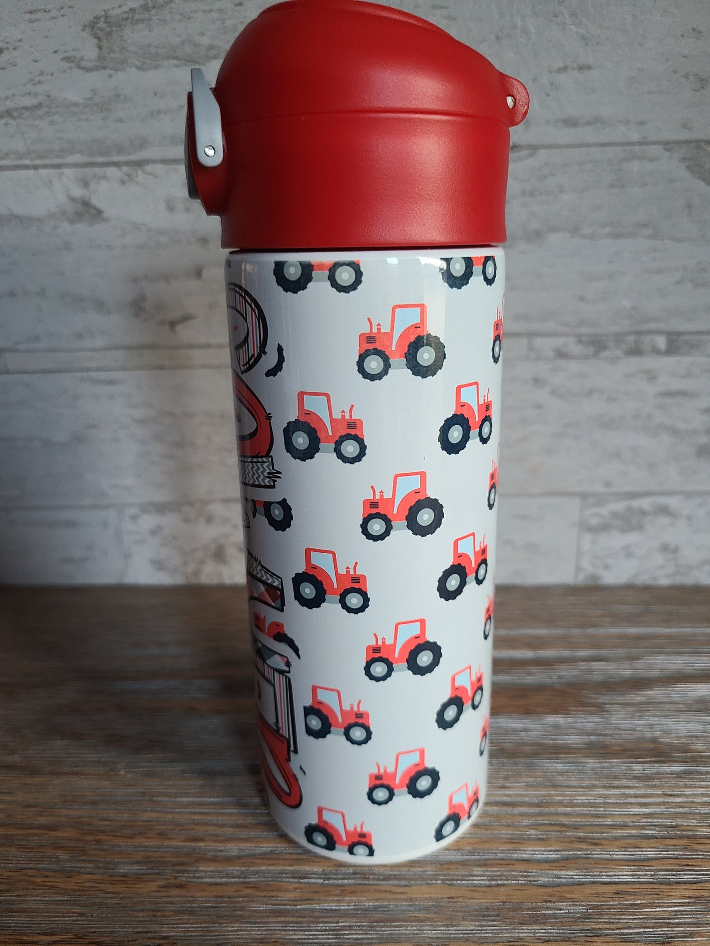 Personalized Red Tractors Water Bottle - 12 oz Flip Top Water Bottle with Straw
