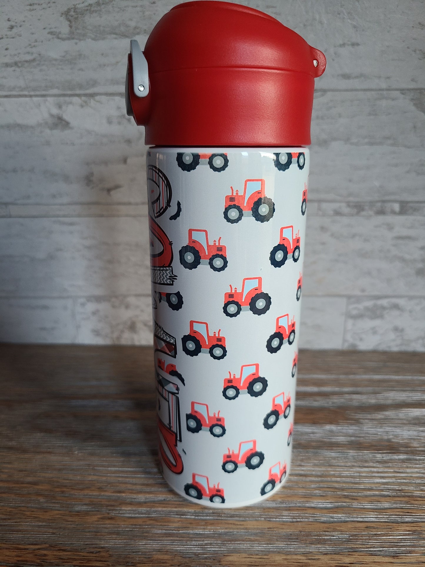 Personalized Red Tractors Water Bottle - 12 oz Flip Top Water Bottle with Straw