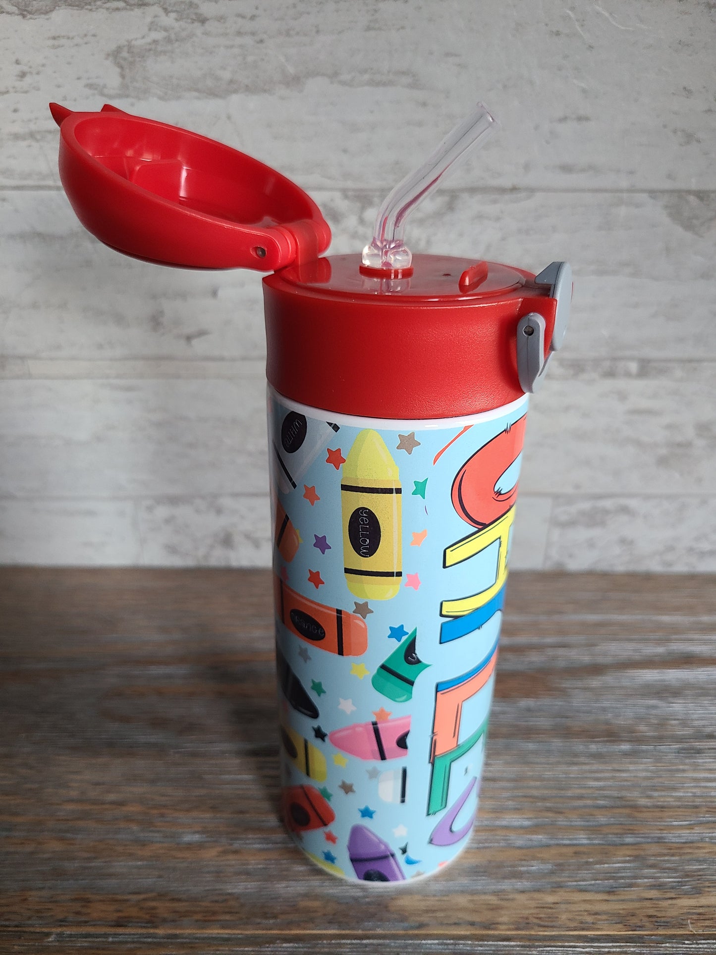 Crayon Print Flip Top Water Bottle - Personalized