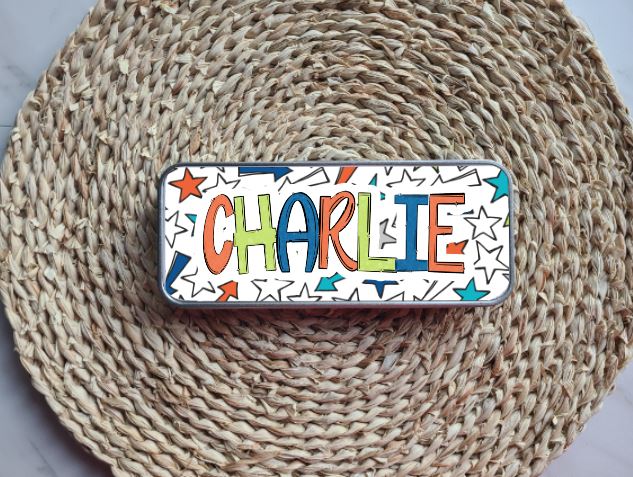 Blue, Green & Orange Personalized Tin Pencil Case