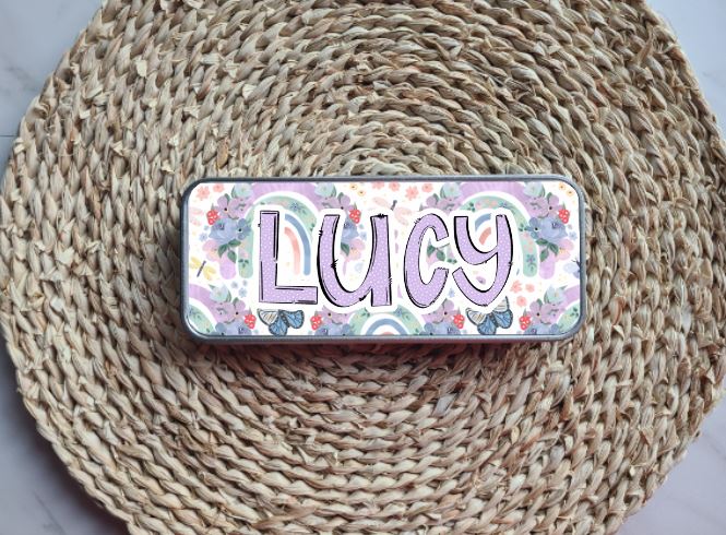 Purple Rainbows and Butterflies Personalized Tin Pencil Case