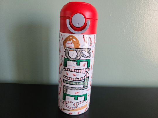 Baseball Water Bottle Personalized with Red Lid - 12 oz Flip Top Water Bottle with Straw