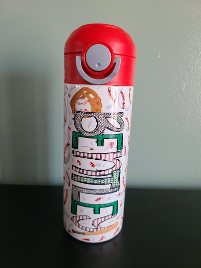 Baseball Water Bottle Personalized with Red Lid - 12 oz Flip Top Water Bottle with Straw