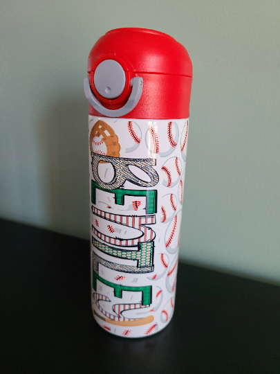 Baseball Water Bottle Personalized with Red Lid - 12 oz Flip Top Water Bottle with Straw