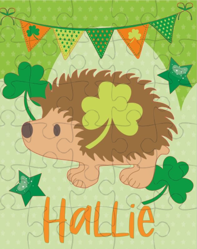 Personalized St. Patrick's Day Puzzle for Kids - Shamrocks - Green Puzzle - 30 piece puzzle - Hedgehog Puzzle