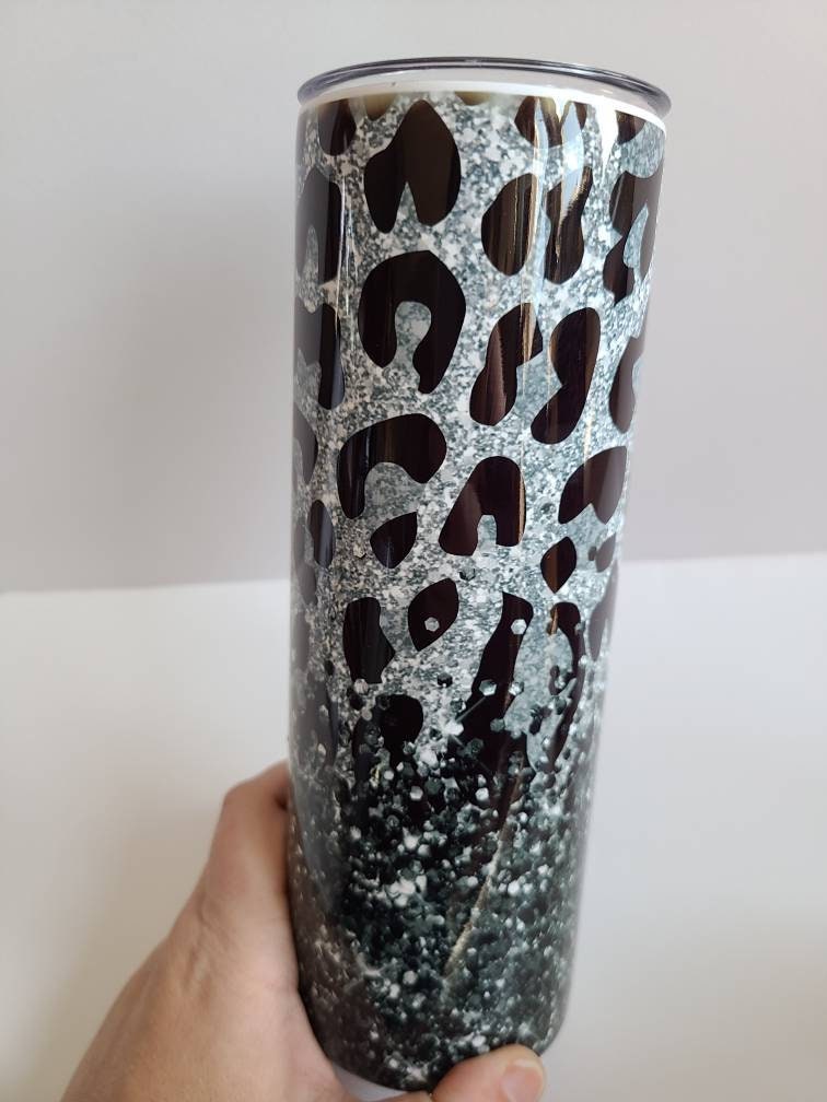 Black and Silver Leopard Print 20 oz Skinny Tumbler - FAUX Glitter