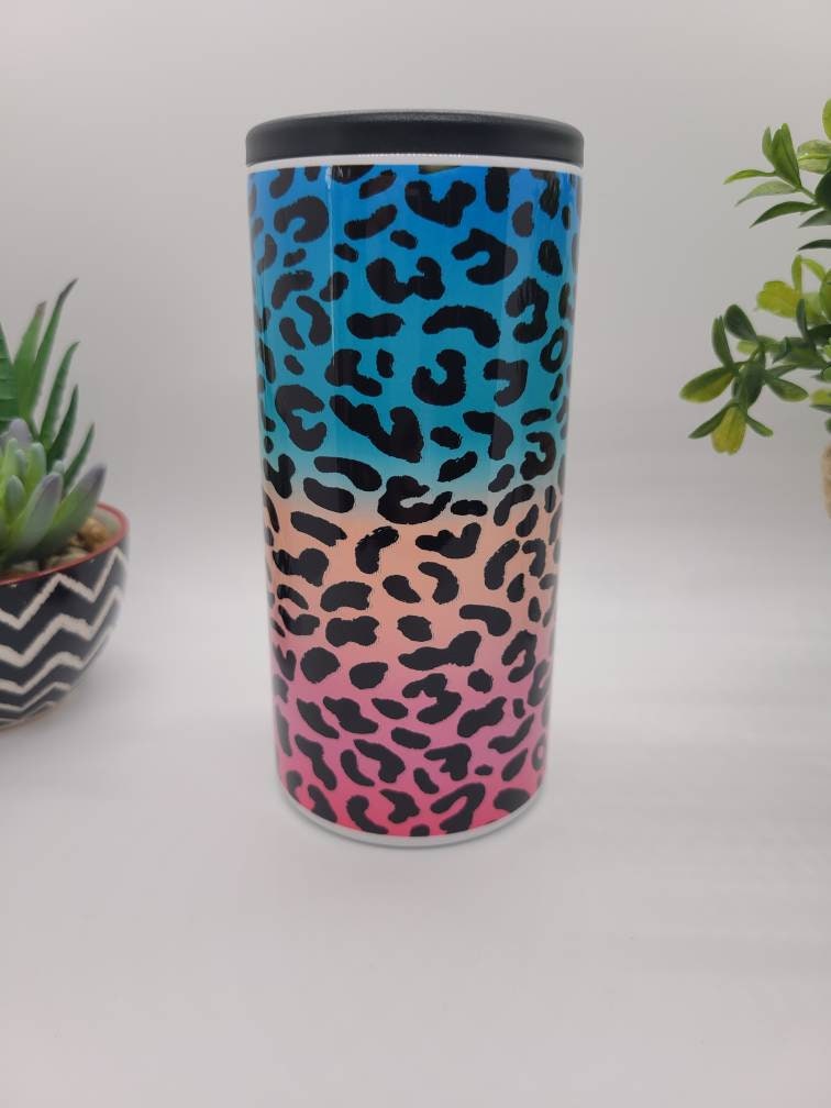 Rainbow Leopard Skinny Can Cooler