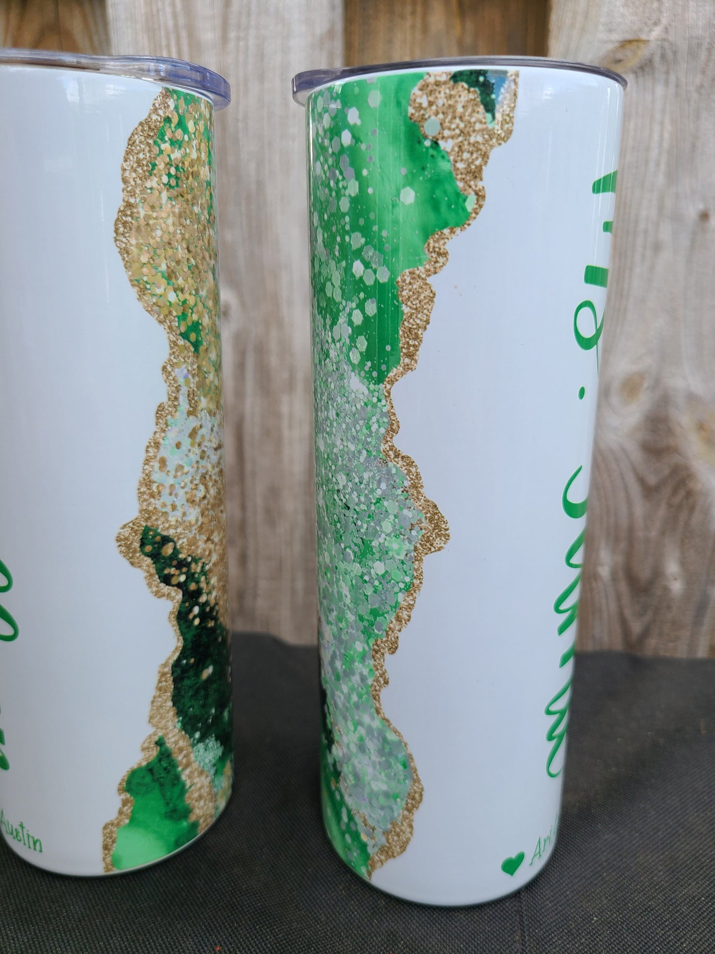 Green and Gold Marble Personalized Tumbler - FAUX Glitter