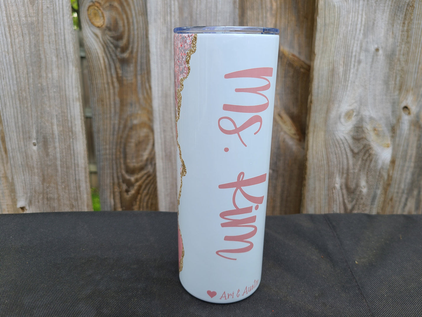 Pink and Gold Marble Faux Glitter Print Skinny Tumbler Peronalized