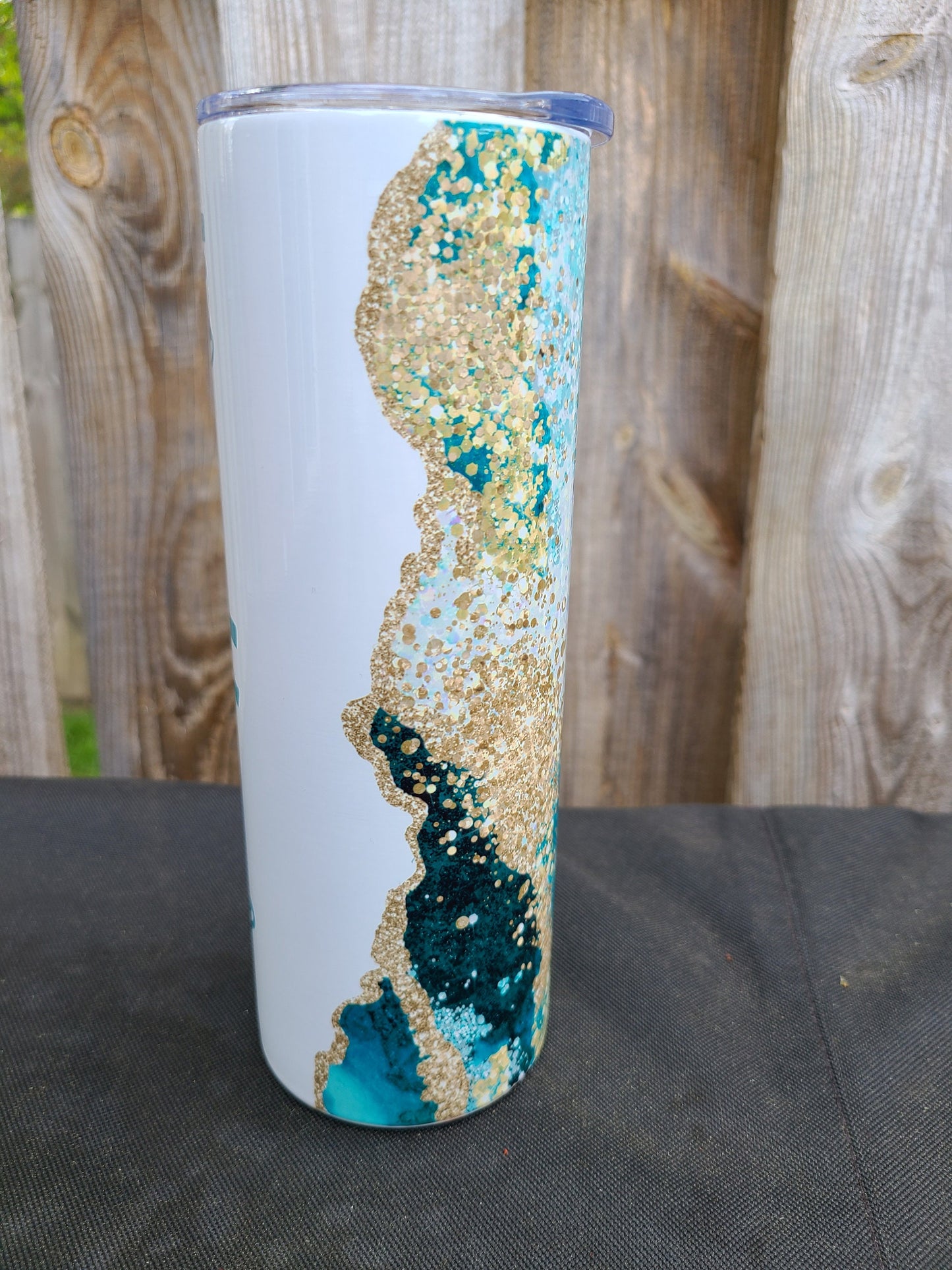 Teal & Gold Marble Personalized Skinny Tumbler - FAUX Glitter