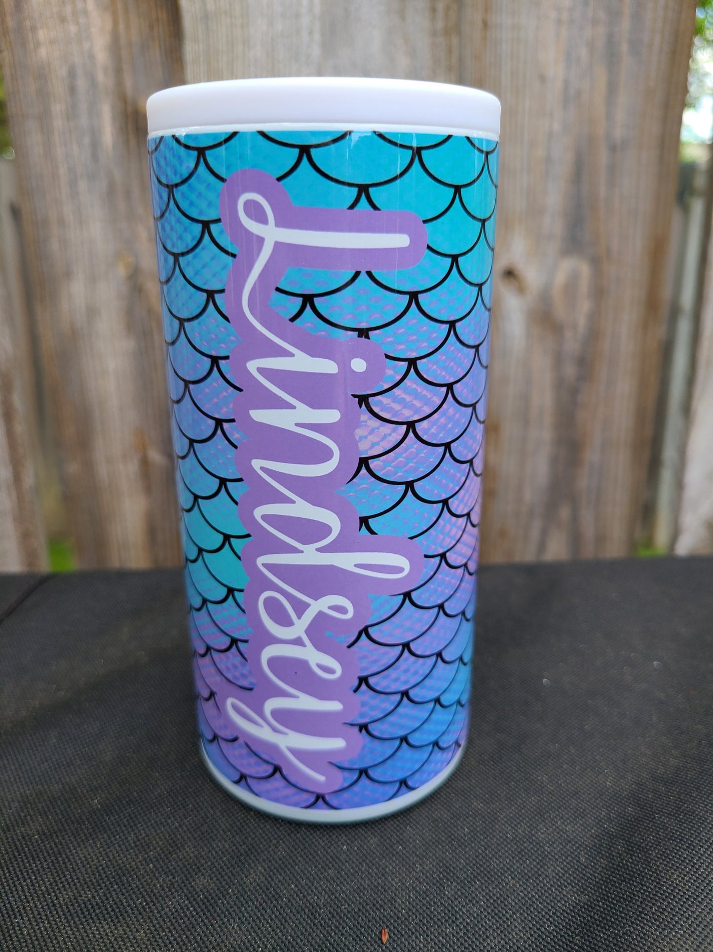 Personalized Teal and Purple Mermaid Skinny Can Cooler