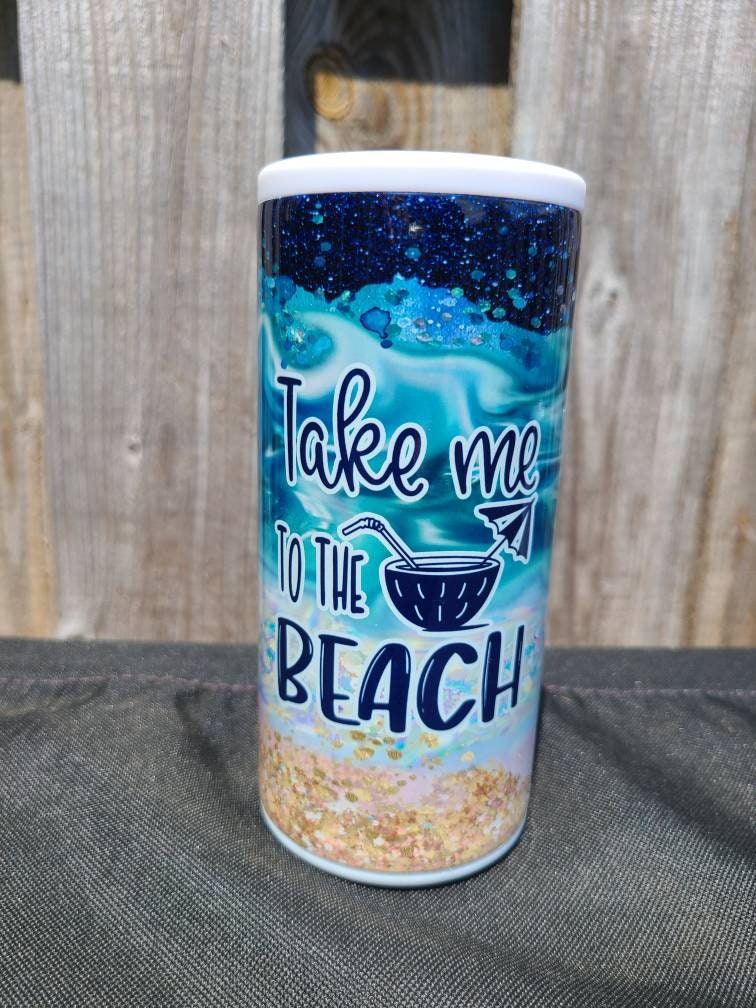 Take Me To The Beach Skinny Can Cooler - FAUX Glitter