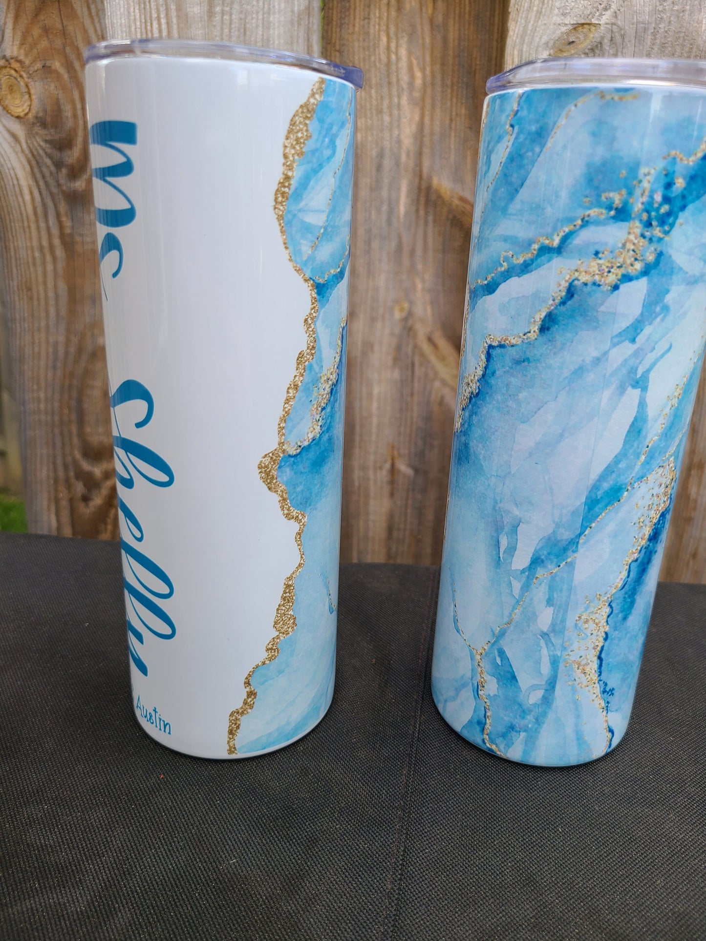 Blue and Gold Marble Personalized Skinny Tumbler - FAUX Glitter